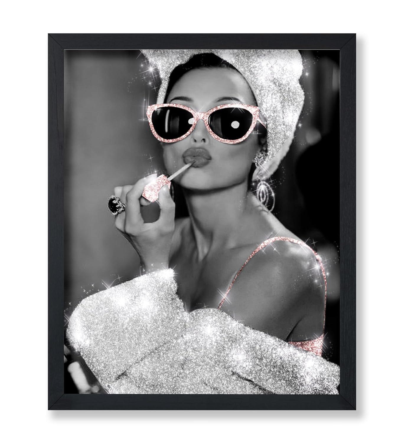 Poster Master Fashion Poster - Lady in Glitter Sunglasses Print - Lipstick Art - Modern Art - Trendy Art - Gift for Women & Fashionista - Wall Decor for Bedroom or Girls Room - 8x10 UNFRAMED Wall Art