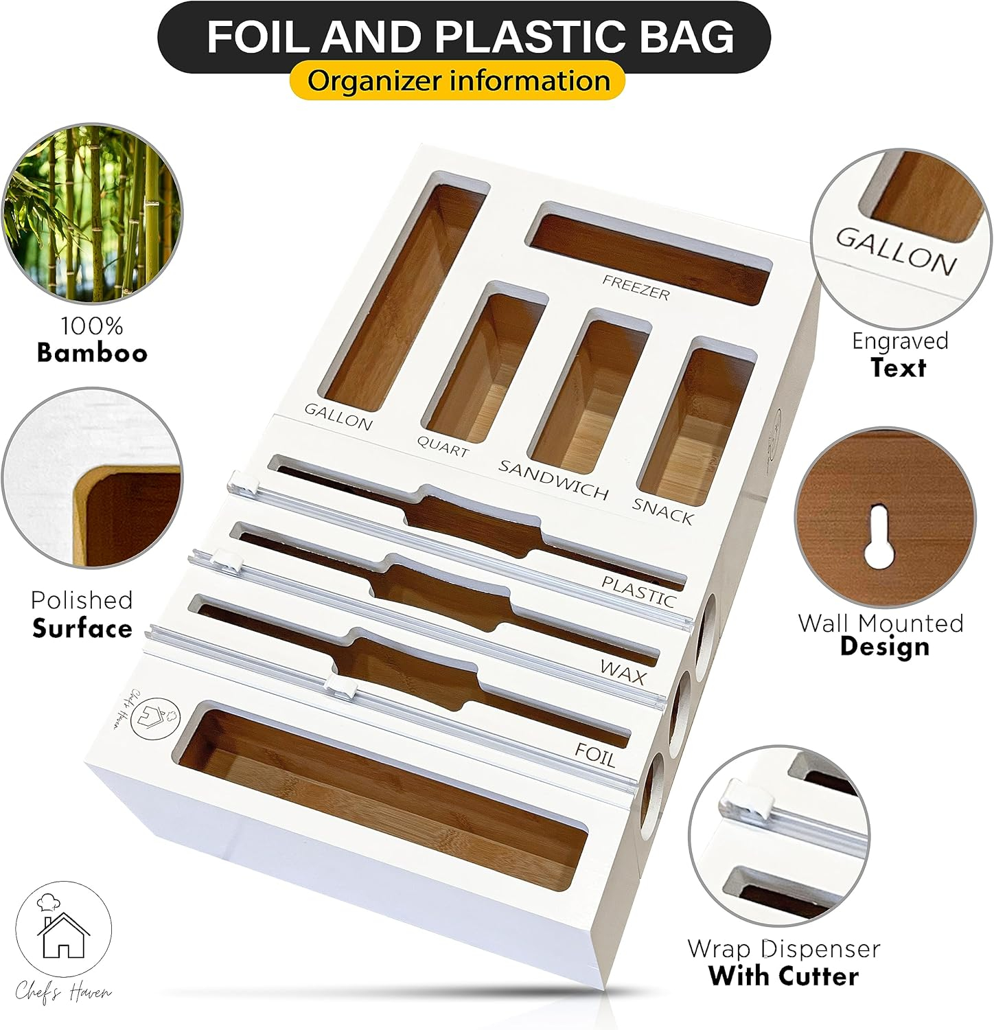 Chef's Haven 9 IN 1 Storage Bag Organizer, Foil and Plastic Wrap Organizer with Cutters, Bamboo Kitchen Baggie for Drawer, Pantry & Countertop, Storage for Gallon, Quart, Sandwich, Snack Bag