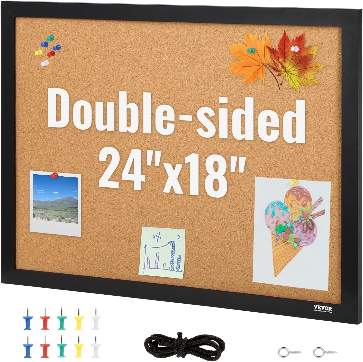 VEVOR Cork Board, 24 x 18 inches, Double-sided Bulletin Board with MDF Sticker Frame, Vision Board Includes 10 Pushpins, for Display and Decoration in Office Home and School