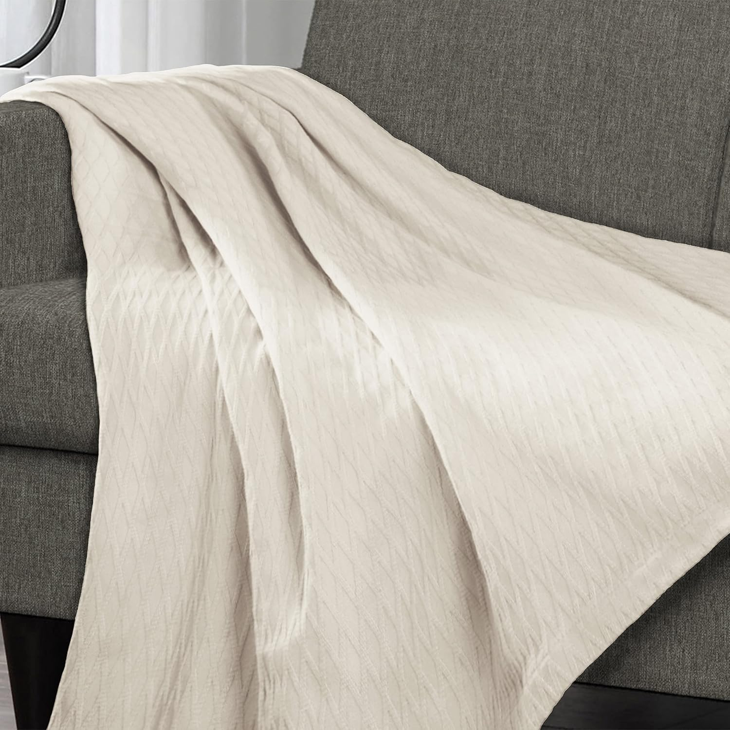 Superior Dobbyweave Knit Cotton Blanket, All Season Breathable Bed Blanket Full/Queen Size, Ivory