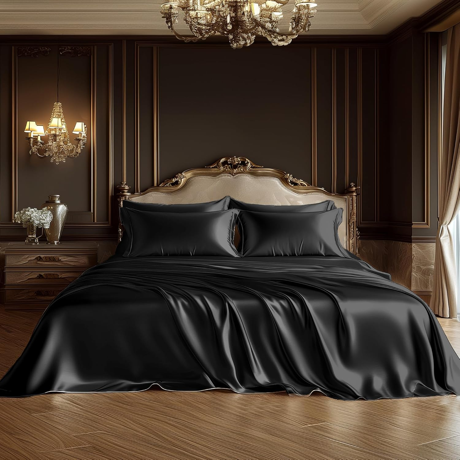 Degrees of Comfort Black Satin Sheet Set for Queen Size Bed – 6 Piece Silky and Soft Sheets with 14 Inches Deep Pocket