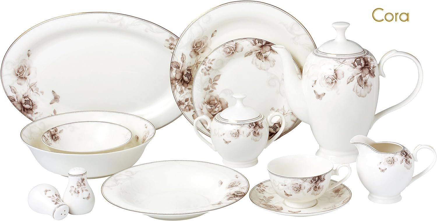 Lorren Home Trends Cora-57 57 Piece Dinnerware Set-Bone China Service for 8 People-Cora, One Size, Multicolor