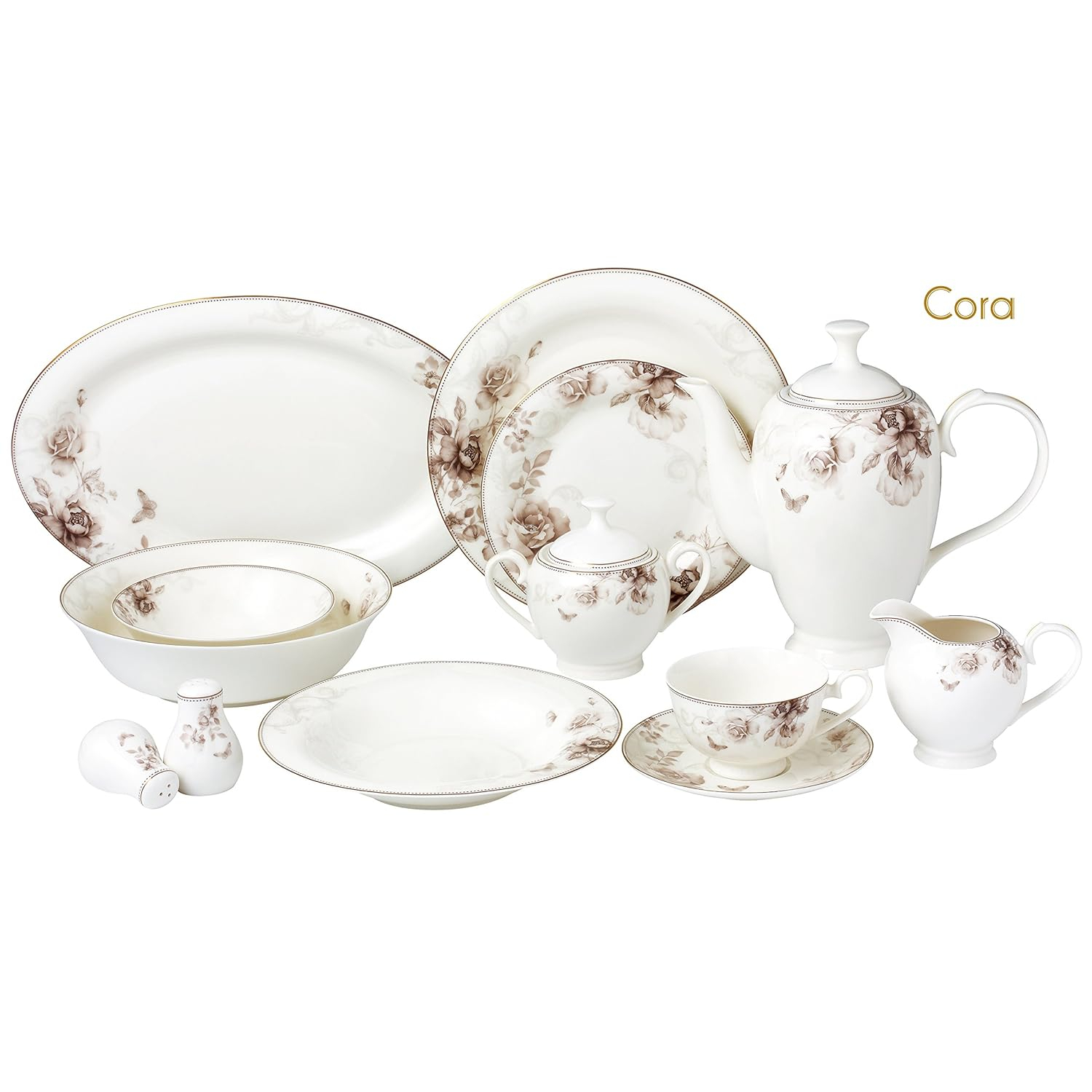 Lorren Home Trends Cora-57 57 Piece Dinnerware Set-Bone China Service for 8 People-Cora, One Size, Multicolor
