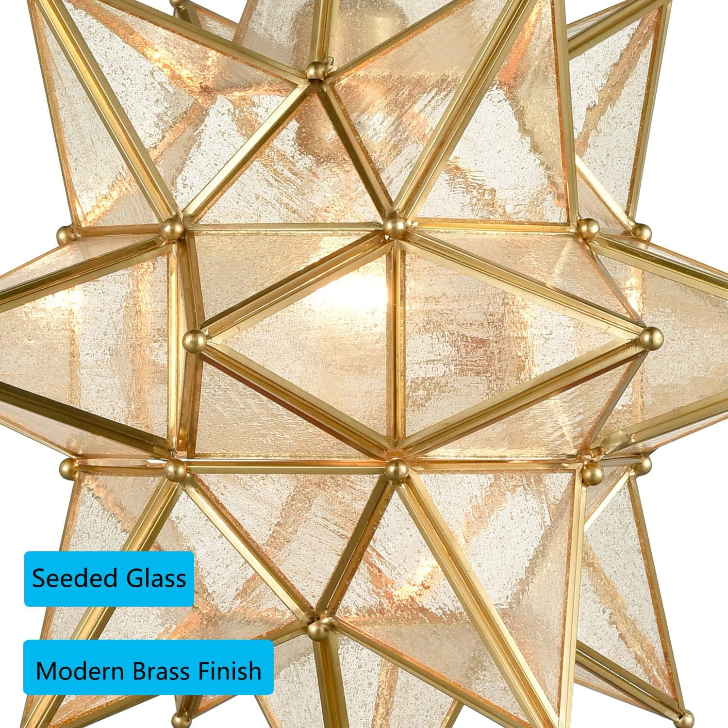 Moravian Star Pendant Chandelier Seeded Glass Gold Light 15 Inches