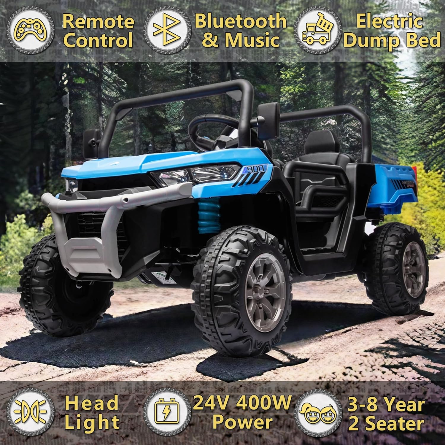 24V 2 Seater Kids Ride on Car Truck, Ride On UTV with 2x200W Motor Ride On Dump Truck, Ride On Car with Dump Bed/Shovel, Electric Vehicle with Durable Tires, LED Light, Music, Remote Control, Blue