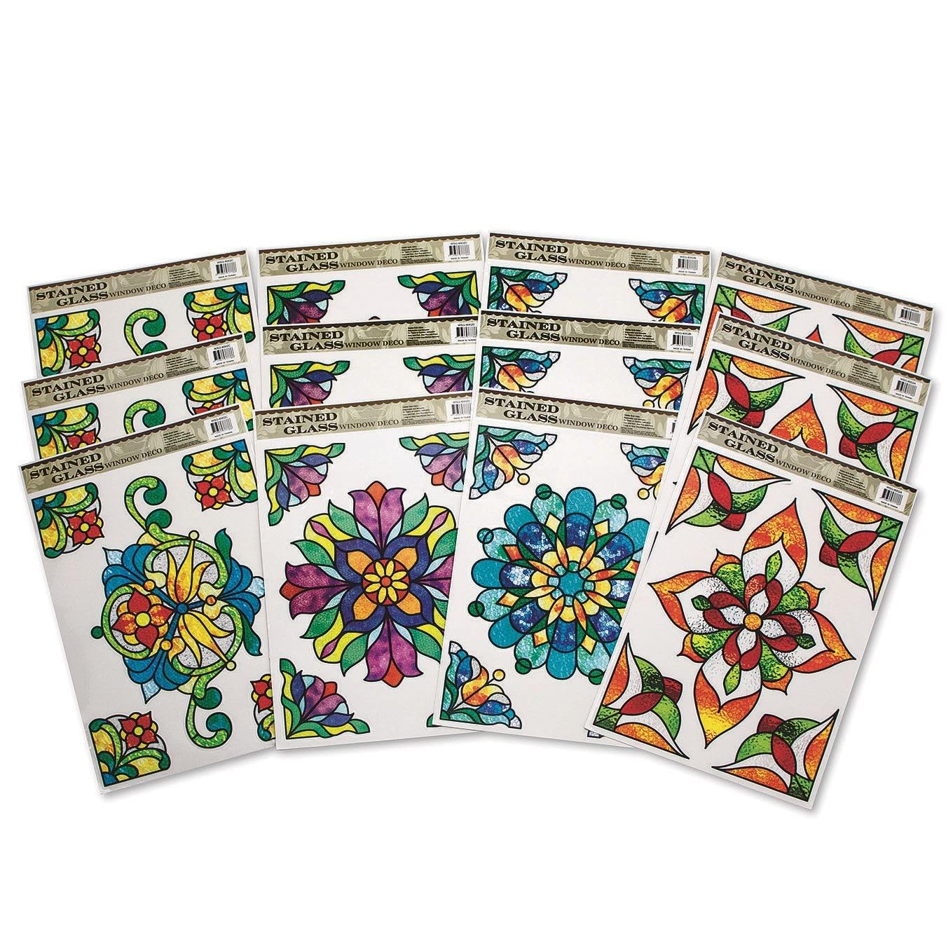 S&S Worldwide Repositionable and Reusable Stained Glass Window Clings- Add Beauty to Any Window or Room with 11-3/4" x 7-7/8a Adhesive-Free, Static Cling Decorations, 4 Colorful Designs. Pack of 12.
