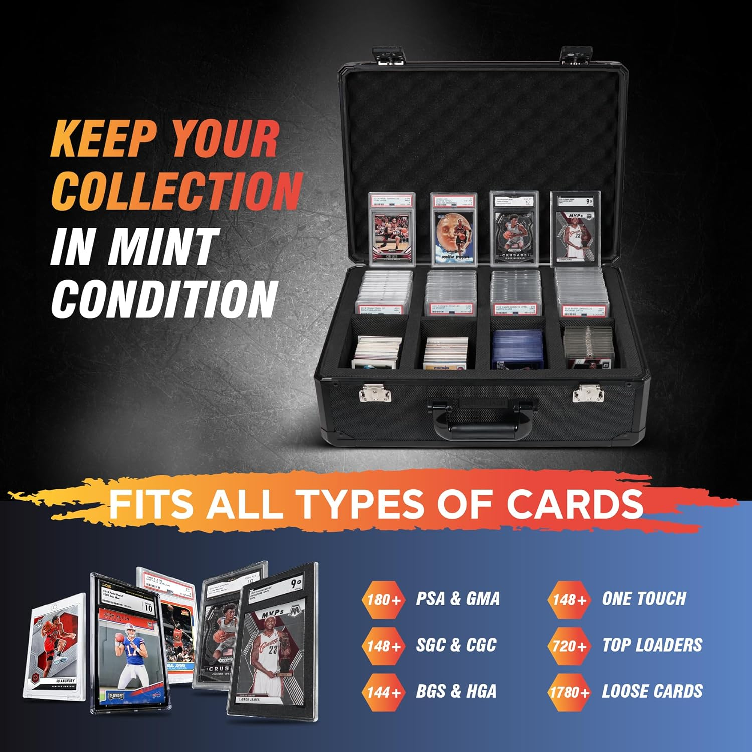 STUFFSTASH 4 Row 180+ Graded Trading Card Storage Box with Dividers; Graded Card Case; Sport Cards PSA Slab Cases; Bulk Card Display Storage Boxes; TSA Approved Locks