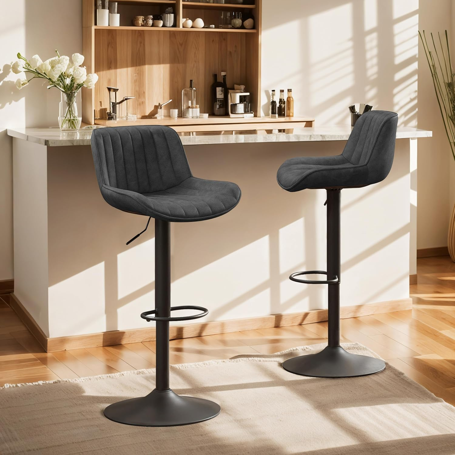 Art Leon Rustic Bar Stools Set of 2, Faux Leather with Backrest Chrome Legs, Upholstered Swivel Kitchen Stools, Black Brown