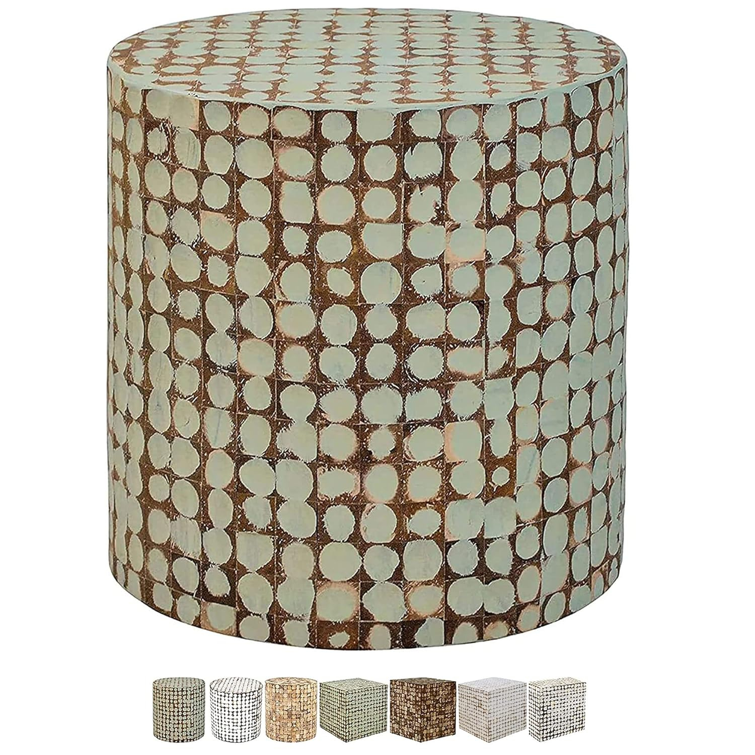 Sage Green Round Coconut Shell Mosaic Wood Side Table