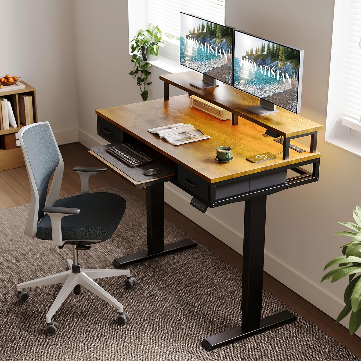 AODK Electric Standing Desk with Drawers & Keyboard Tray, 47 Inch Height Adjustable Small Gaming Desk with Power Outlets & LED Lights, Sit Stand Table with Monitor Stand for Home, Office, Rustic Brown