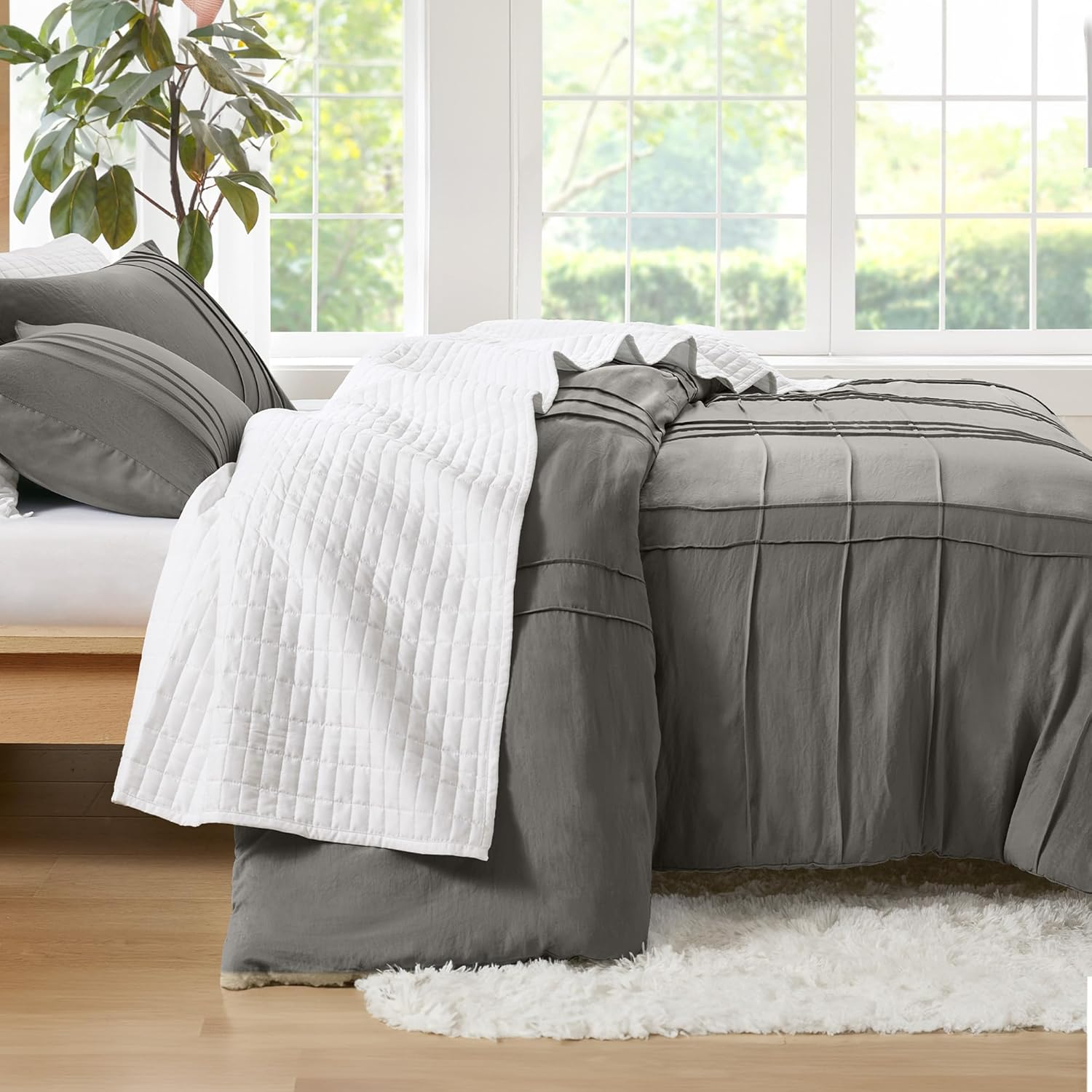 Comfort Spaces Grey King Size Duvet Cover Set - 3 Piece Pintuck Pleated Duvet Cover, All Season Lightweight, Extra Soft Pre-Washed Microfiber King Bedding Cover Shams
