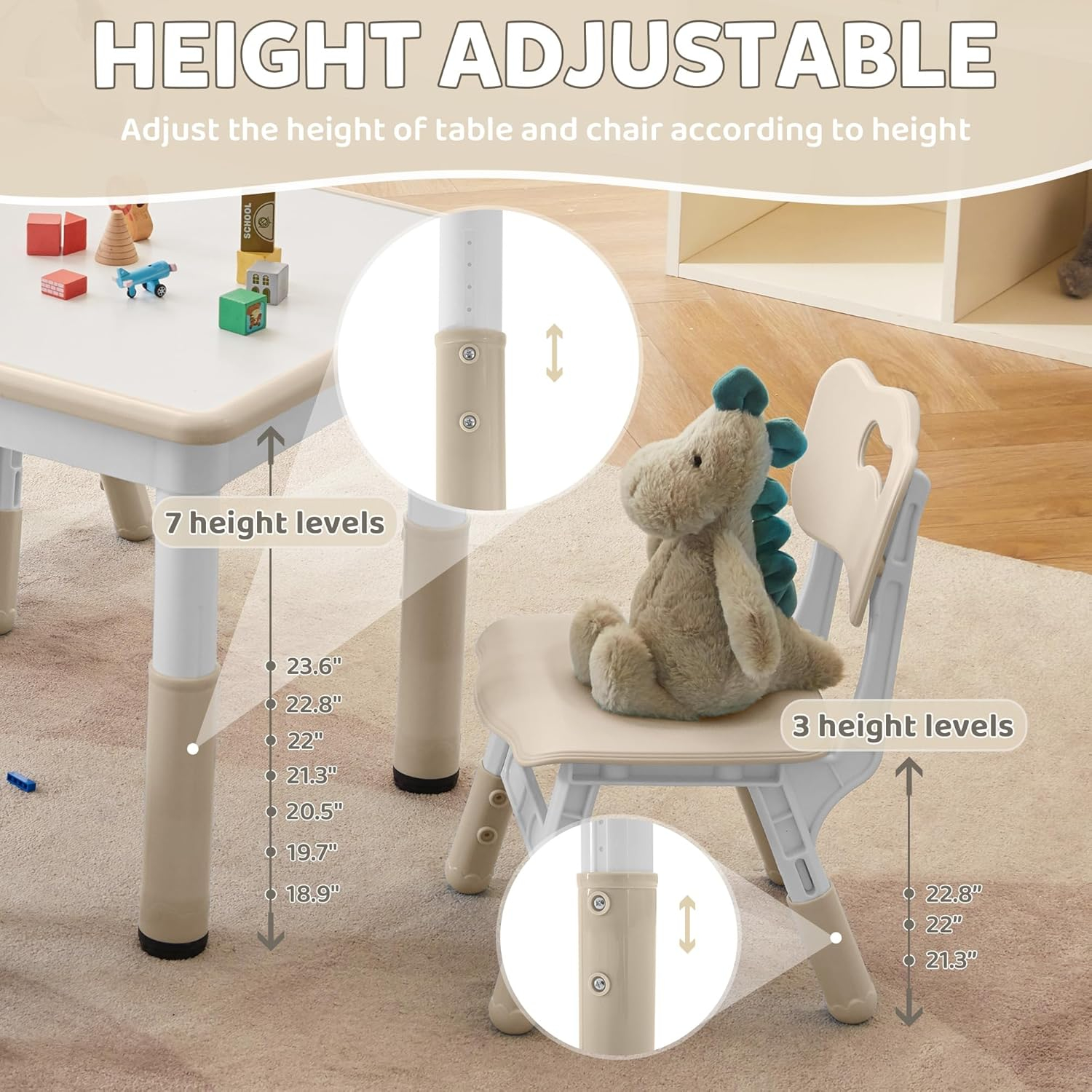 Adjustable Kids Table & Chairs Set for Ages 3-8 | 31.5"x23.6" Easy-Clean Activity Table | Meets ASTM/CPSC Standards for Daycare, Homeschool & Playroom (Natural, 2 Chairs)