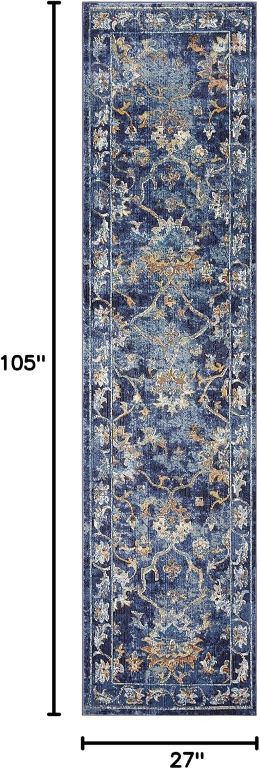 LR Home Ada 2'3" x 8'9" Indigo Bordered Floral Durable Indoor Area Rug