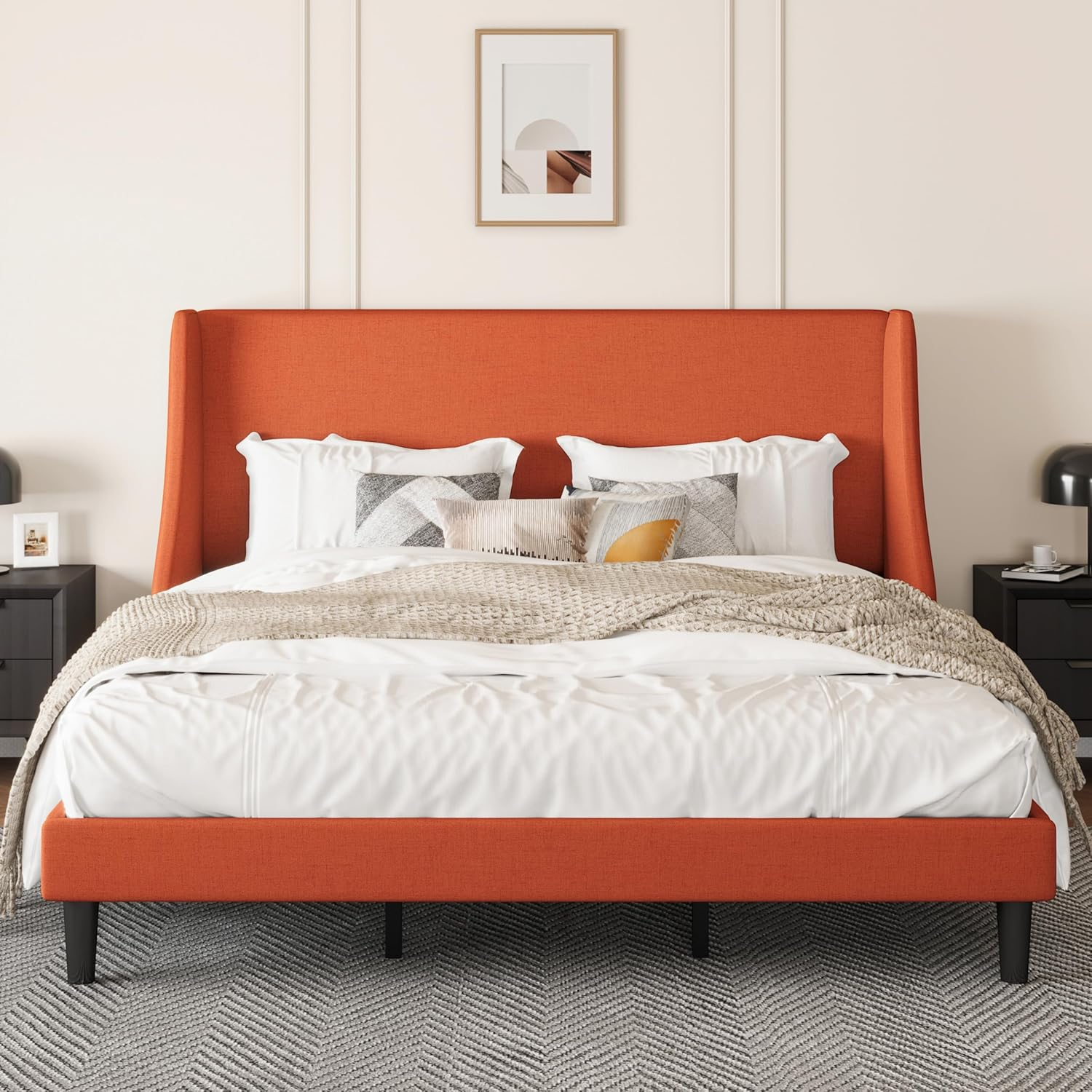 SHA CERLIN Upholstered Bed Frame King Size with Streamlined Wingback Headboard, Breathable Linen Fabric, Solid Wooden Slats, Easy Assembly, Orange