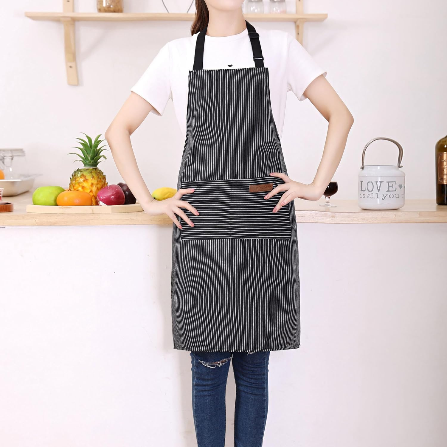 Tosewever 2 Pieces Kitchen Cooking Aprons, Cotton Polyester Blend Adjustable Bib Aprons with 2 Pockets for Women Men Chef Chef (Navy/Black Stripes, 2)