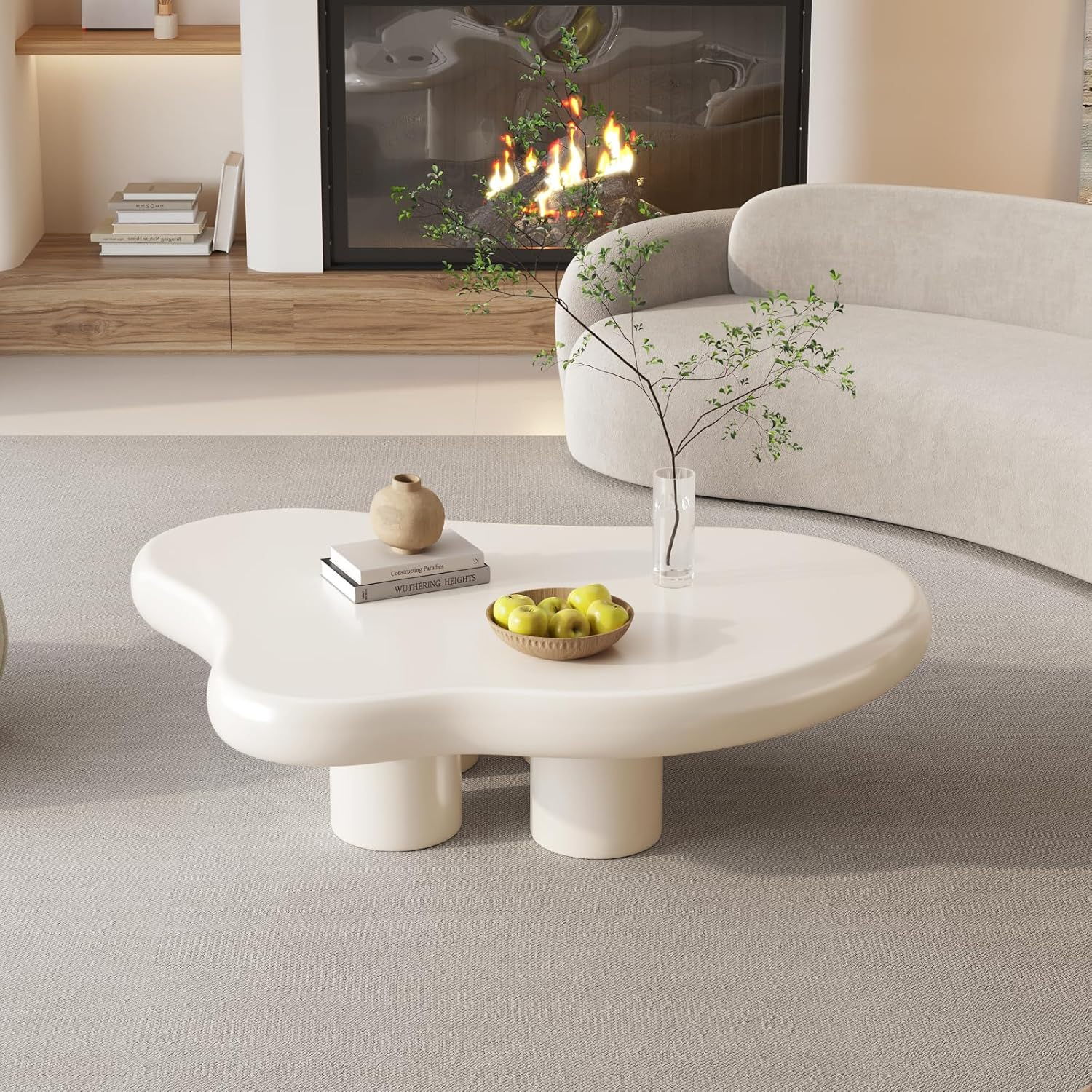 Guyii 41.02" Cream White Cloud Coffee Table, Irregular Coffee Table with 3 Legs for Living Room, Office