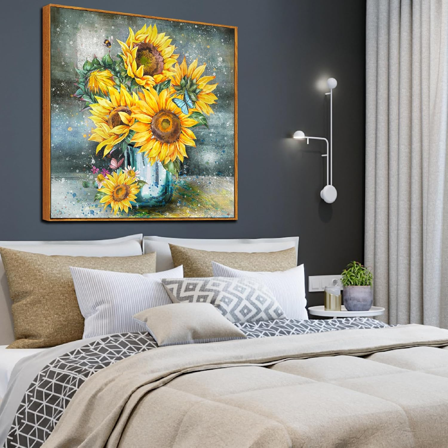 NESS-BEZAL Sunflowers Canvas Wall Art Prints Yellow Flowers Oil Painting Home Wall Decor for Bedroom Living Room Farmhouse Floral Wall Art Pictures Wood Frames 30"x30"