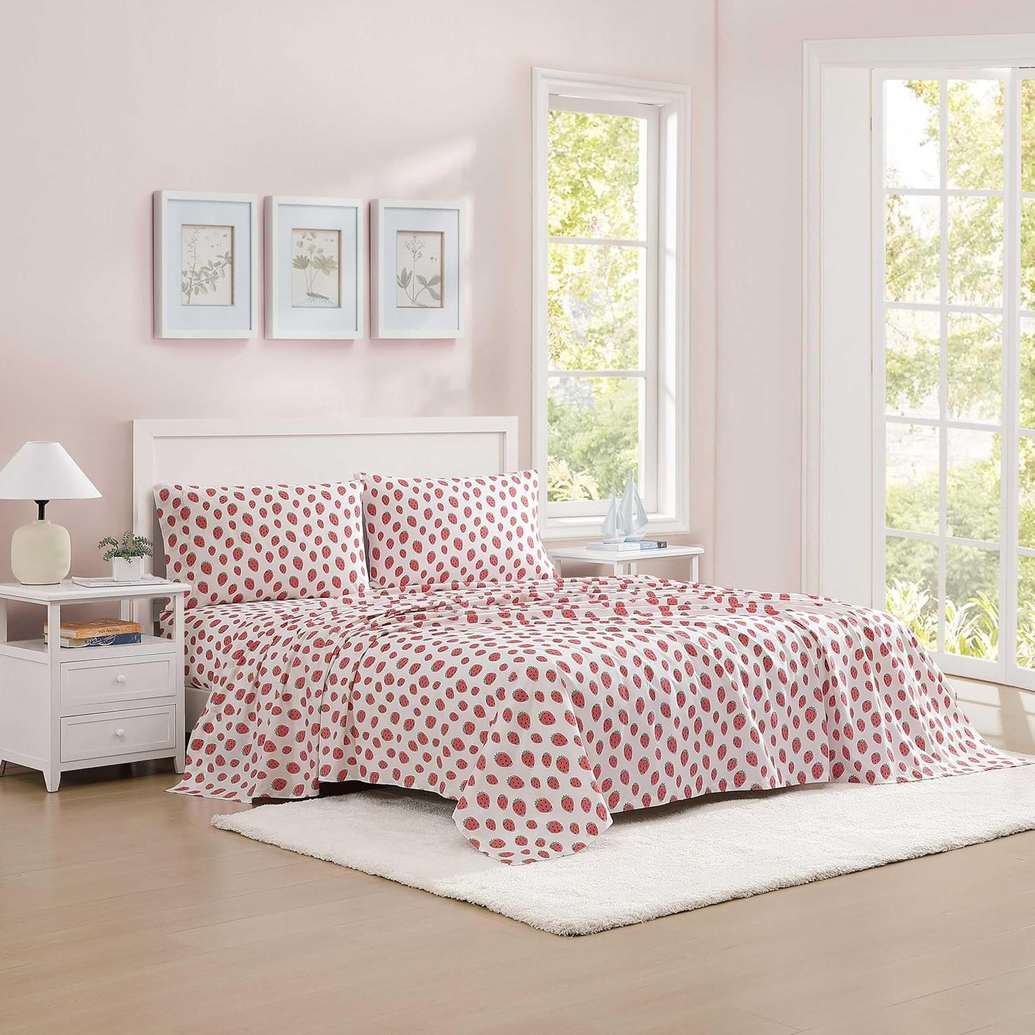 Poppy & Fritz - Full Sheets, Luxurious Cotton Percale Bedding Set, Crisp & Cool, Super Soft Bed Essentials (Strawberry Picnic Pink, Full)