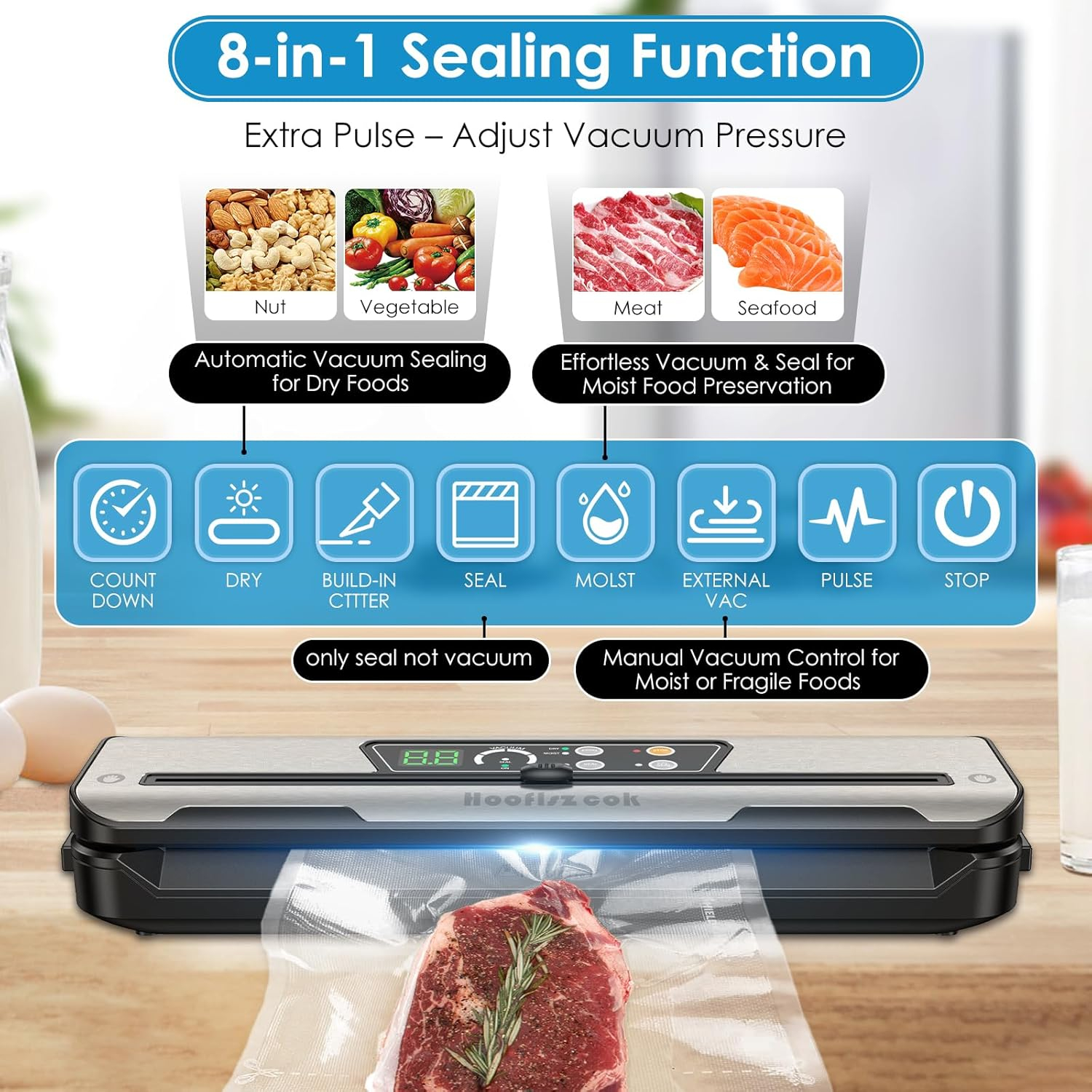 Vacuum Sealer Machine for Food, Automatic 8-In-1 Food Sealer Vacuum Sealing Saver for Liquid/Dry/Moist, Manual/External Super Strong Suction,Pulse Function,Countdown Display,Starter Kit
