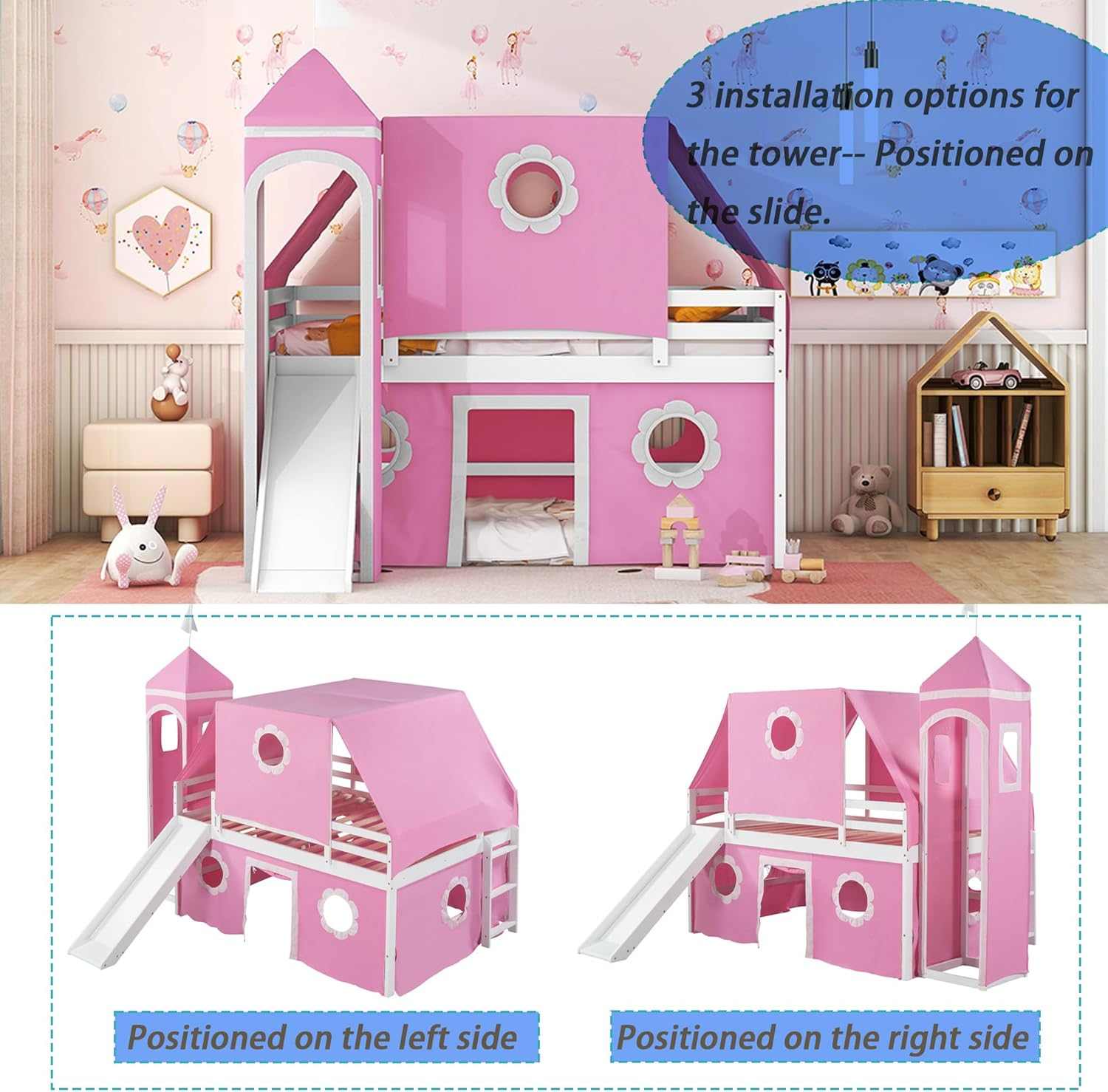 Polibi Full Size Castle Loft Bed with Slide & Pink Tent and Tower, Playhouse Design Spacious Under Bed Space with Curtains, Wood Tent Bed Frame for Kids Boys Girls