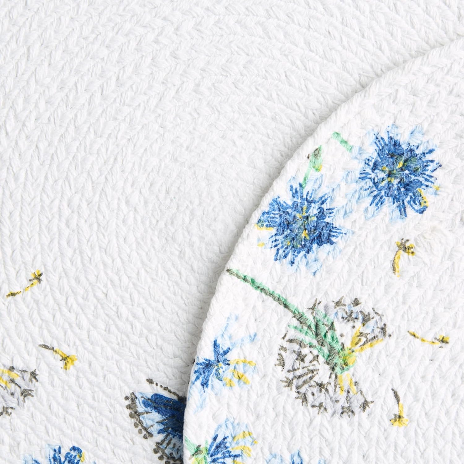 Handwoven Cotton Floral Round Placemats Set in White, Blue, and Pink
