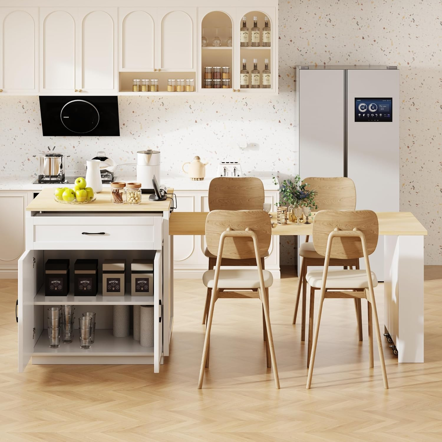 Harper & Bright Designs Isla de Cocina con Mesa de Comedor Extensible para 4-6 Personas, Mesa de Cocina de Imitación Mábil con Toma de Corriente, Isla de Cocina con Cajones de Almacenamiento y Estantes, Roble Blanco