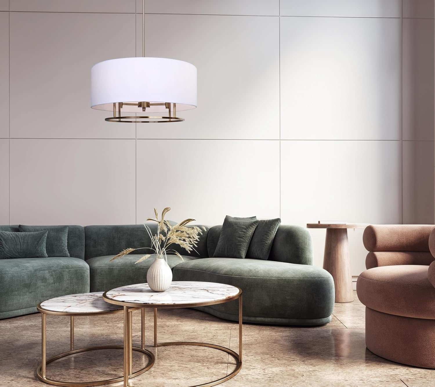 Aria Halo 3-Light Drum Chandelier, 24-Inch Wide Modern Gold Pendant with White Fabric Shade, Adjustable Height Ceiling Light