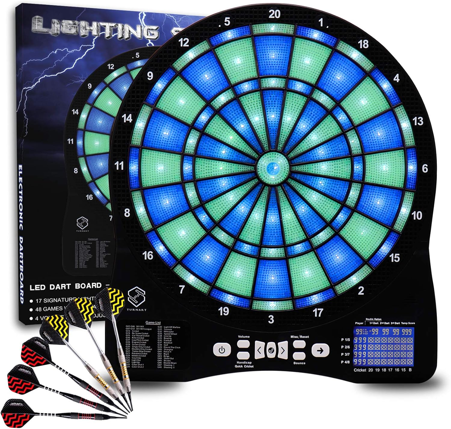 Turnart Electronic Dart Board,13 inch Illuminated Segments Light Based Games Electric Dartboard for Adults Tested Tough Segment for Enhanced Durability Professional with Scoring