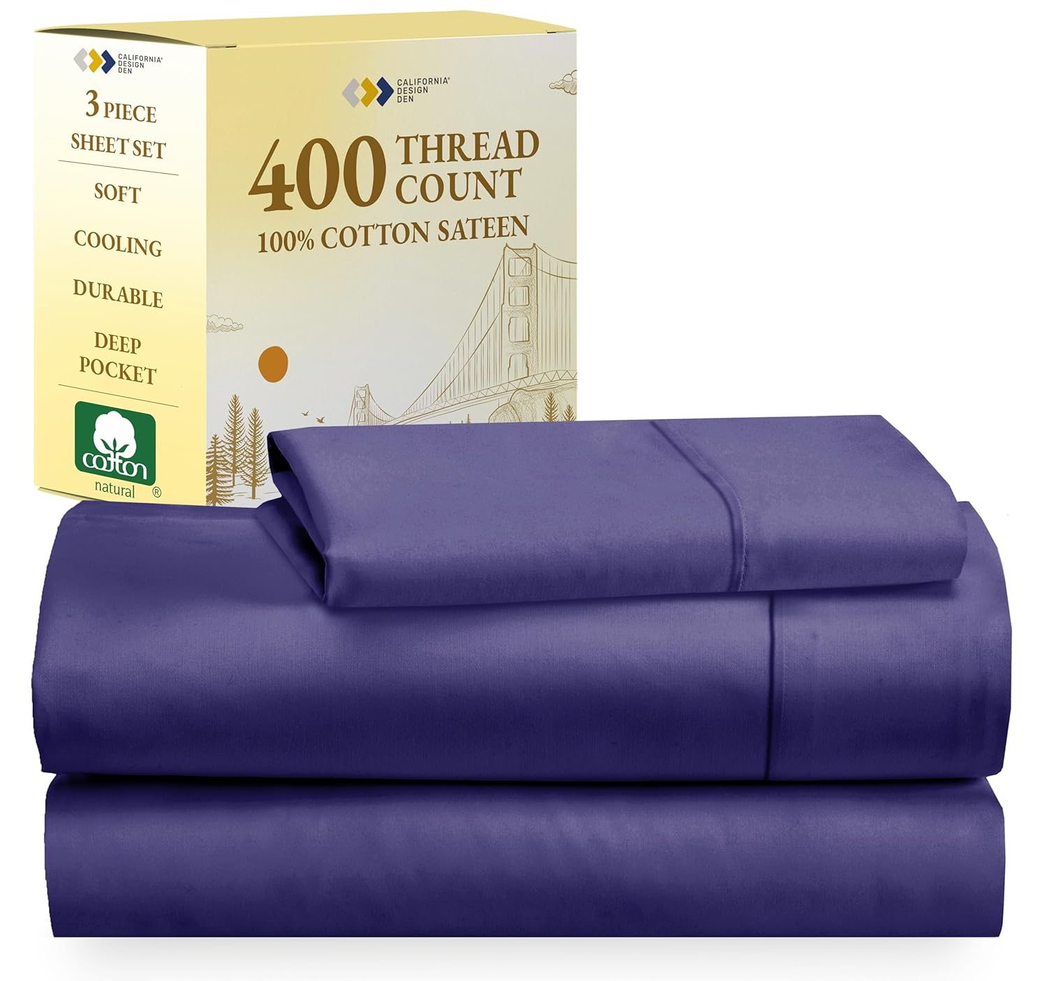 California Design Den Twin Sheets Set - Soft 400 Thread Count Sateen, Natural 100% Cotton Sheets with Deep Pockets, Cooling and Durable Bedding Set - Purple
