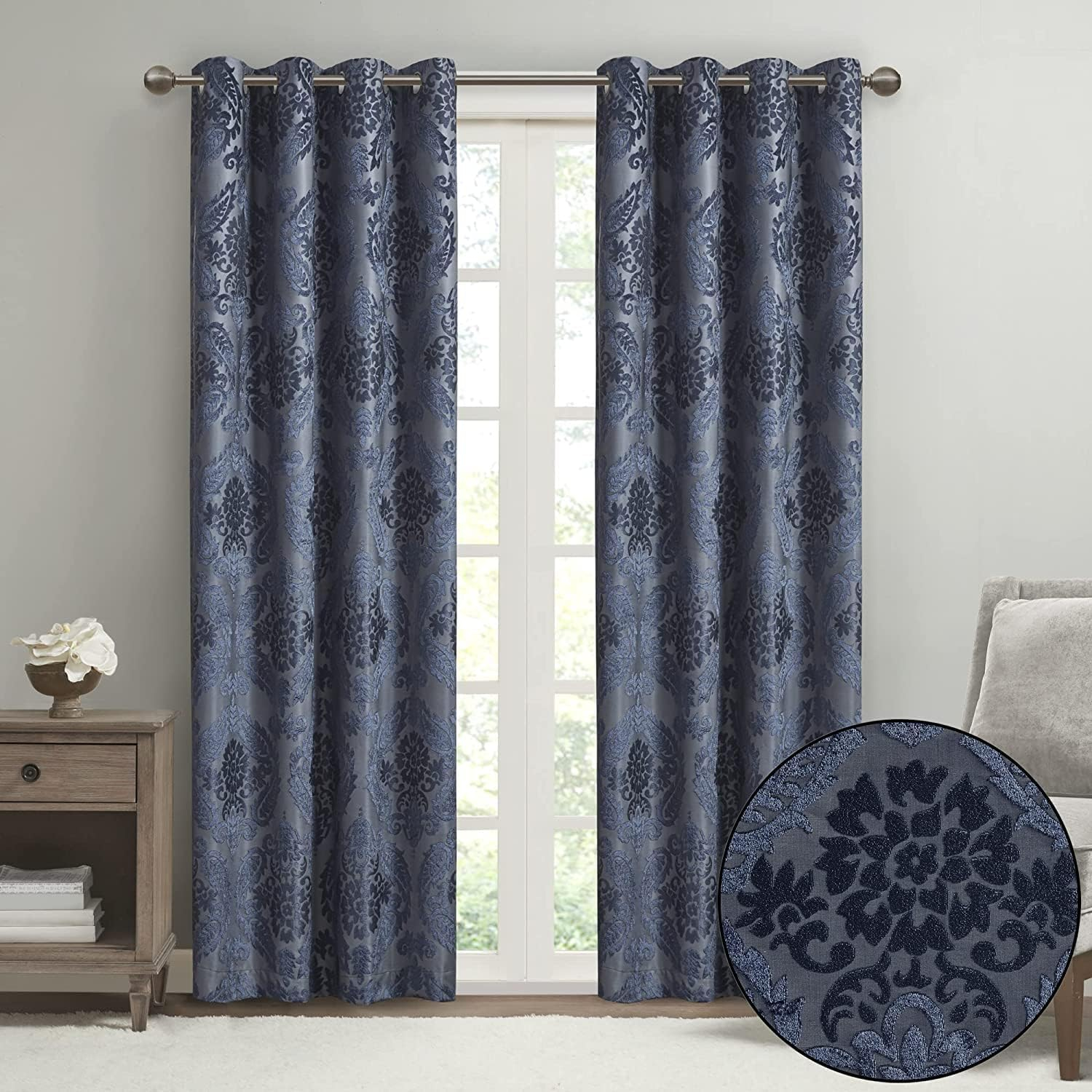 Sun Smart Amelia Jacquard Paisley Total Blackout Curtain for Bedroom, Luxury Single Window Panel Living Room Family-Room Kitchen, Grommet Top, 1-Panel Pack, 50"x84", Grey