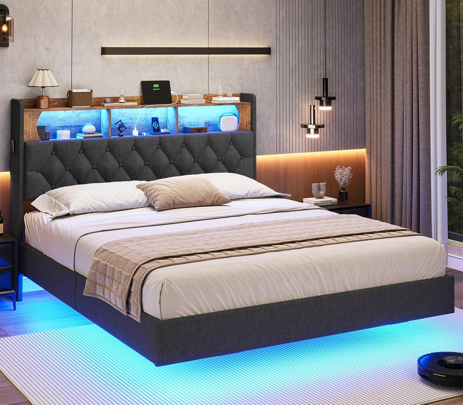 Weiplehoom Full Floating Bed Frame with Storage Headboard and LED Lights, Linen Upholstered Platform Bed with Charging Station, Dark Gray