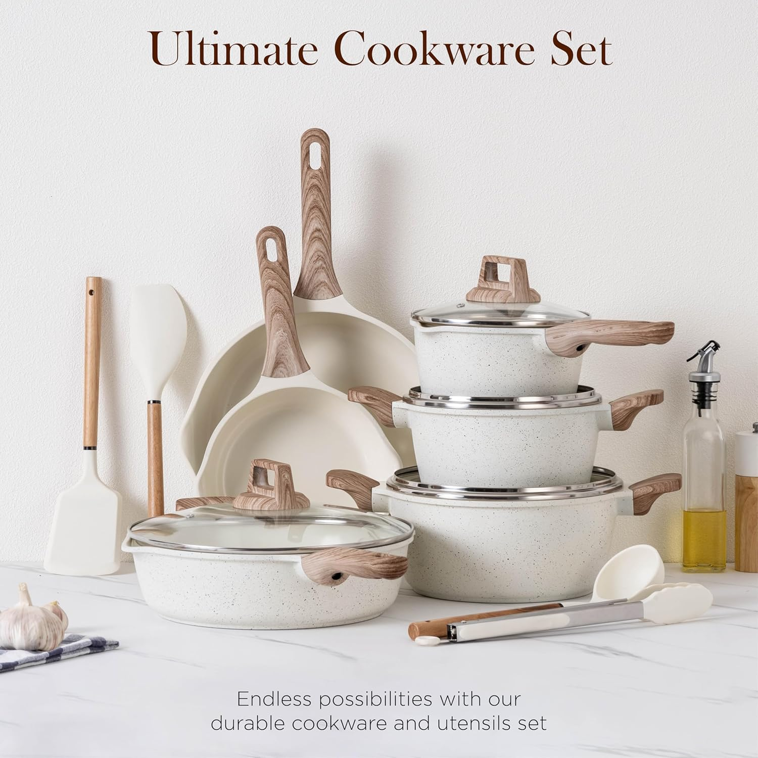 Cream Nonstick Aluminum Cookware Set with Wood Handles, 14 Pieces