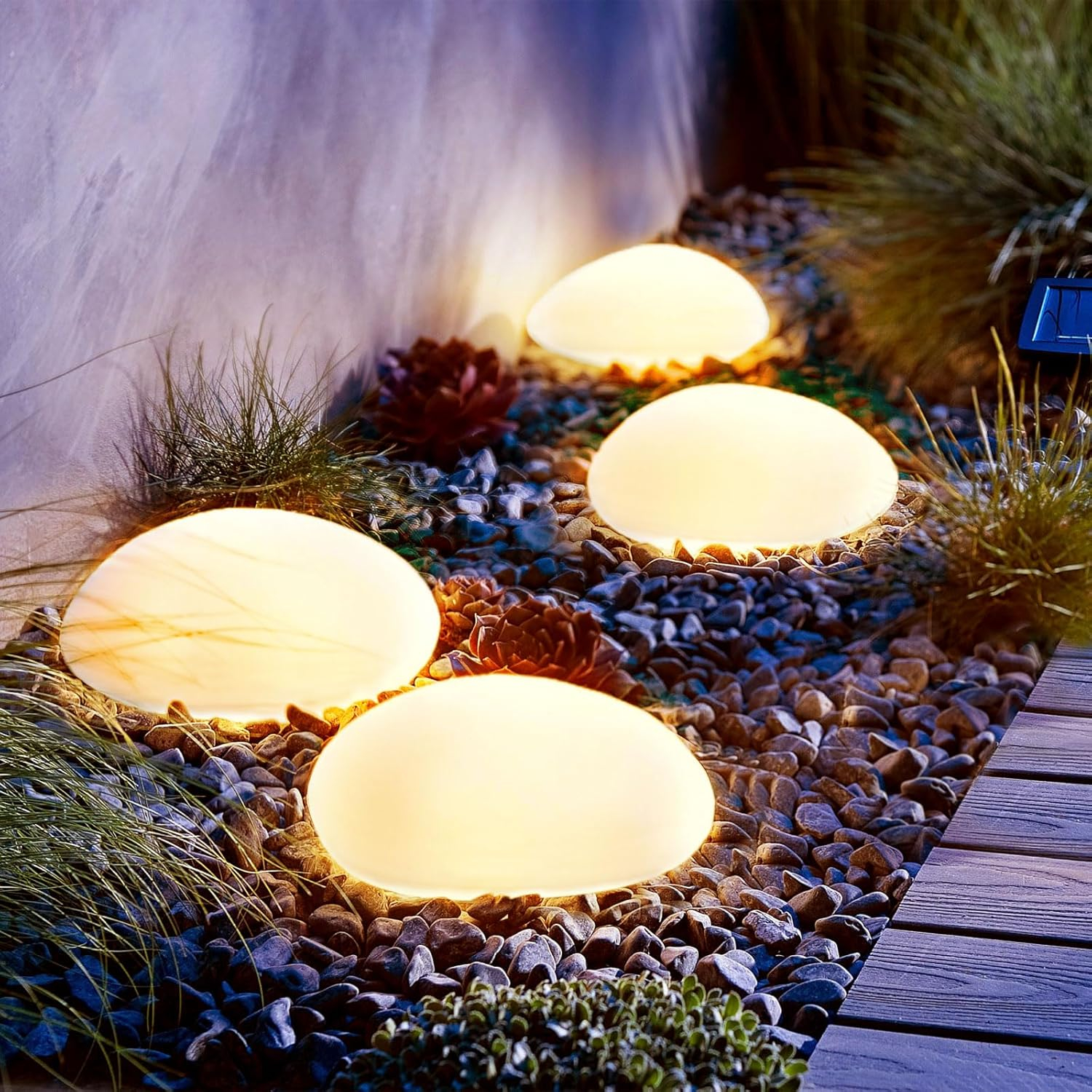 Set of 4 Solar Lights Outdoor Waterproof Solar Pebble Rock Garden Lights Decorative with Warm White LED