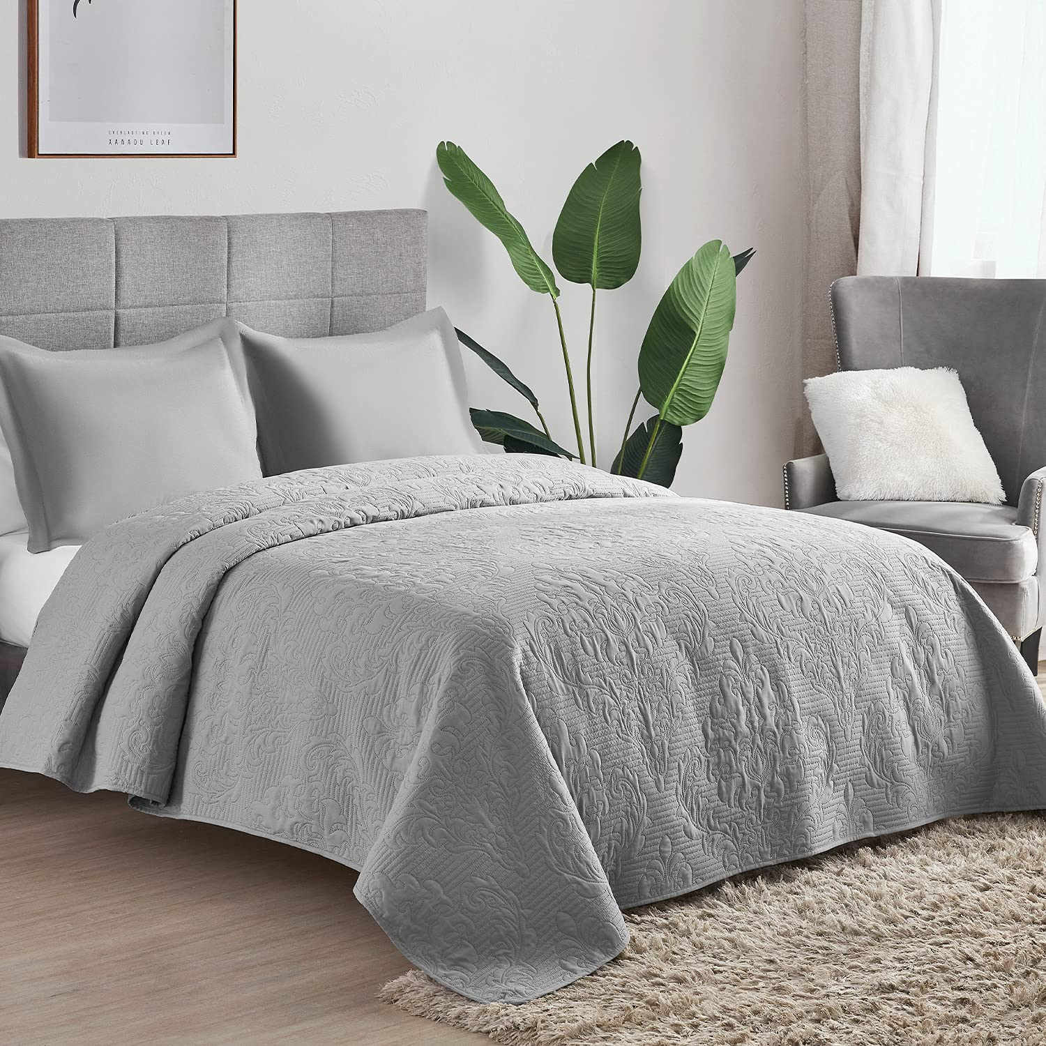 Hansleep Grey Quilt Queen Size - Damask Ultrasonic All Season Bedspread Queen, Soft Lightweight Coverlet Bedding Set, 3 Pieces (1 Quilt, 2 Pillow Shams)