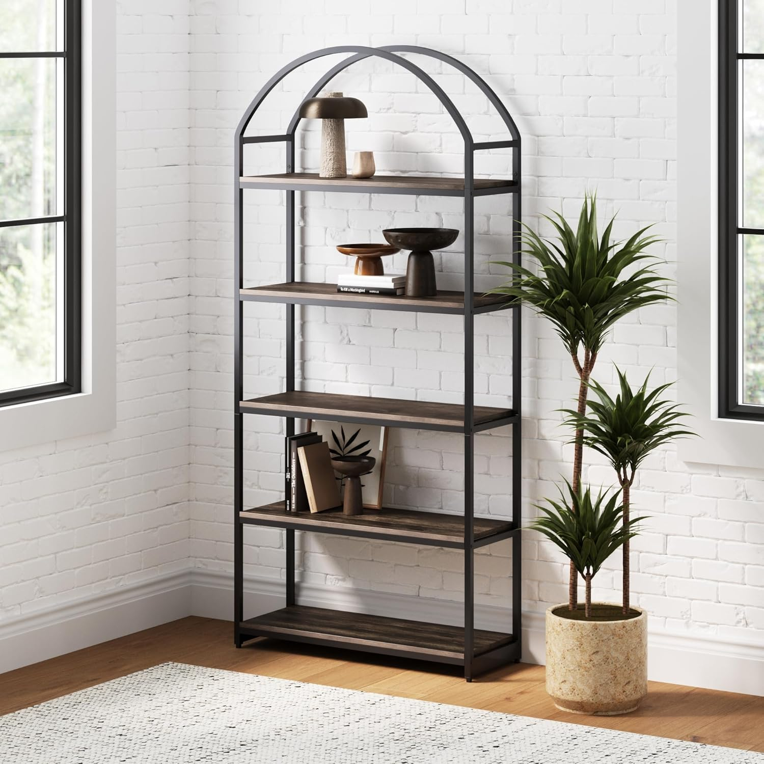 72" Black Matte Wood and Metal 5-Shelf Bookcase