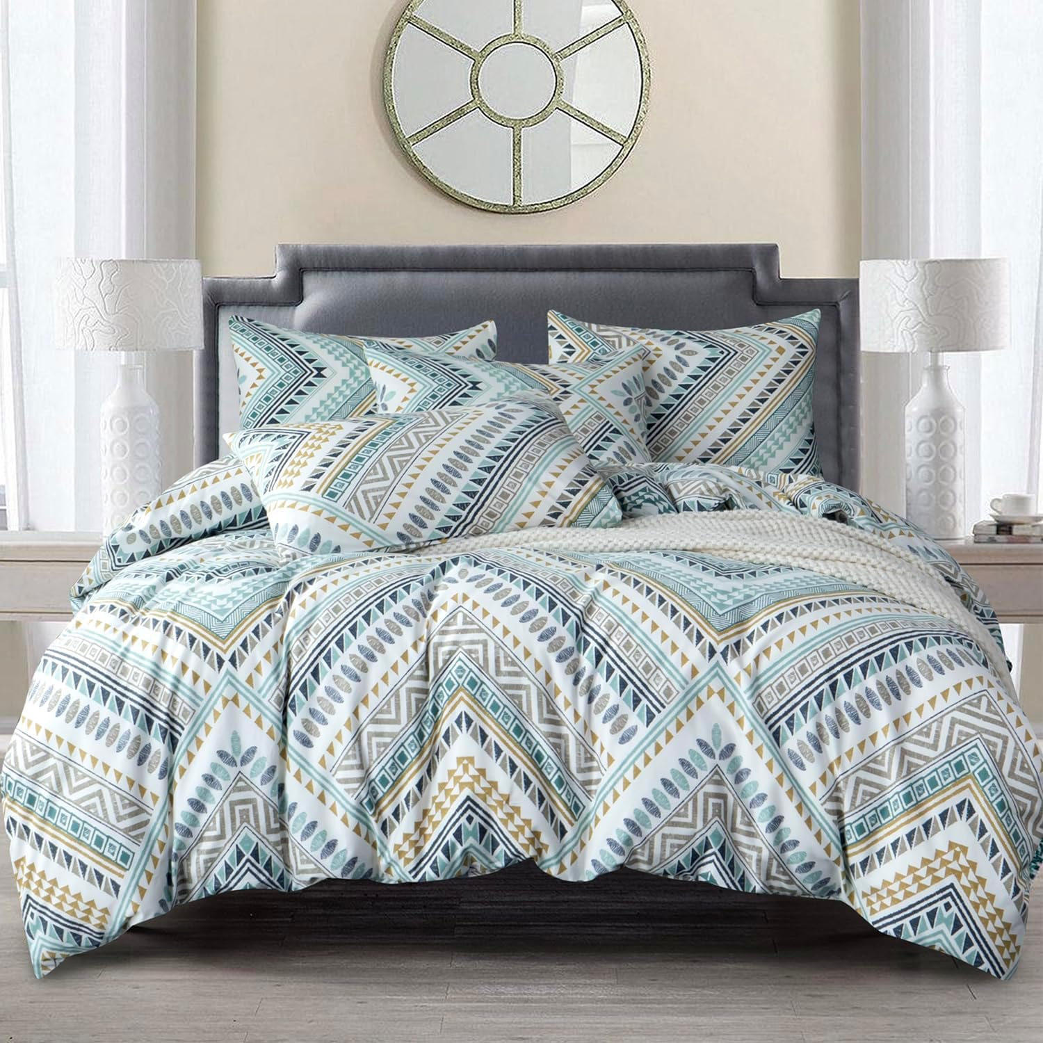Boho Duvet Cover King, 3 Pieces Boho King Bedding Set, Ethnic Yellow White Green Louvre Bohemian Pattern Duvet Covers, 100% Cotton, Luxury Soft Breathable Comfy with Zipper Closure