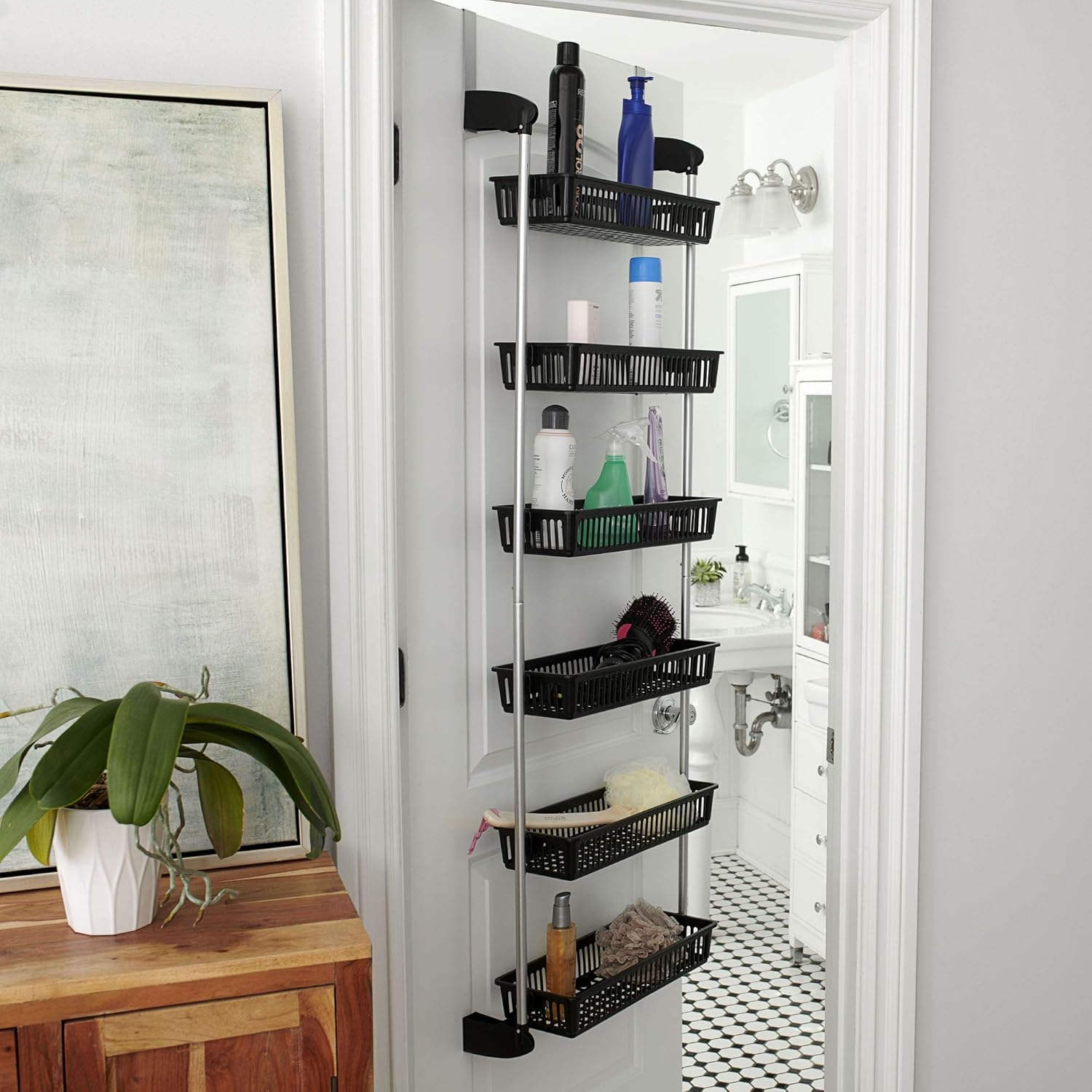 Household Essentials Over the Door Storage Rack, 6 Basket Door Organizer, Great for Use in Pantry as Spice Rack, Black