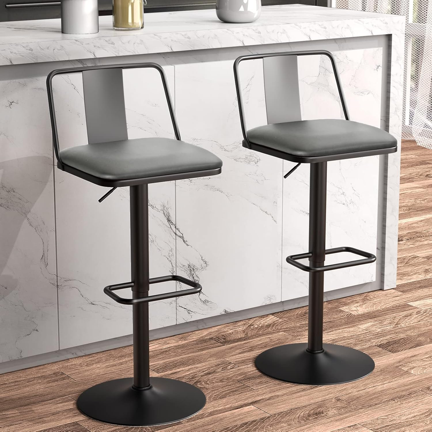 Metal Swivel Barstools Set of 2, Enlarged PU Leather Seat with Metal Back, Adjustable from 24" to 33" for Counter Height & Bar Height, Modern Design for Kitchen and Restaurant,MatteBlack