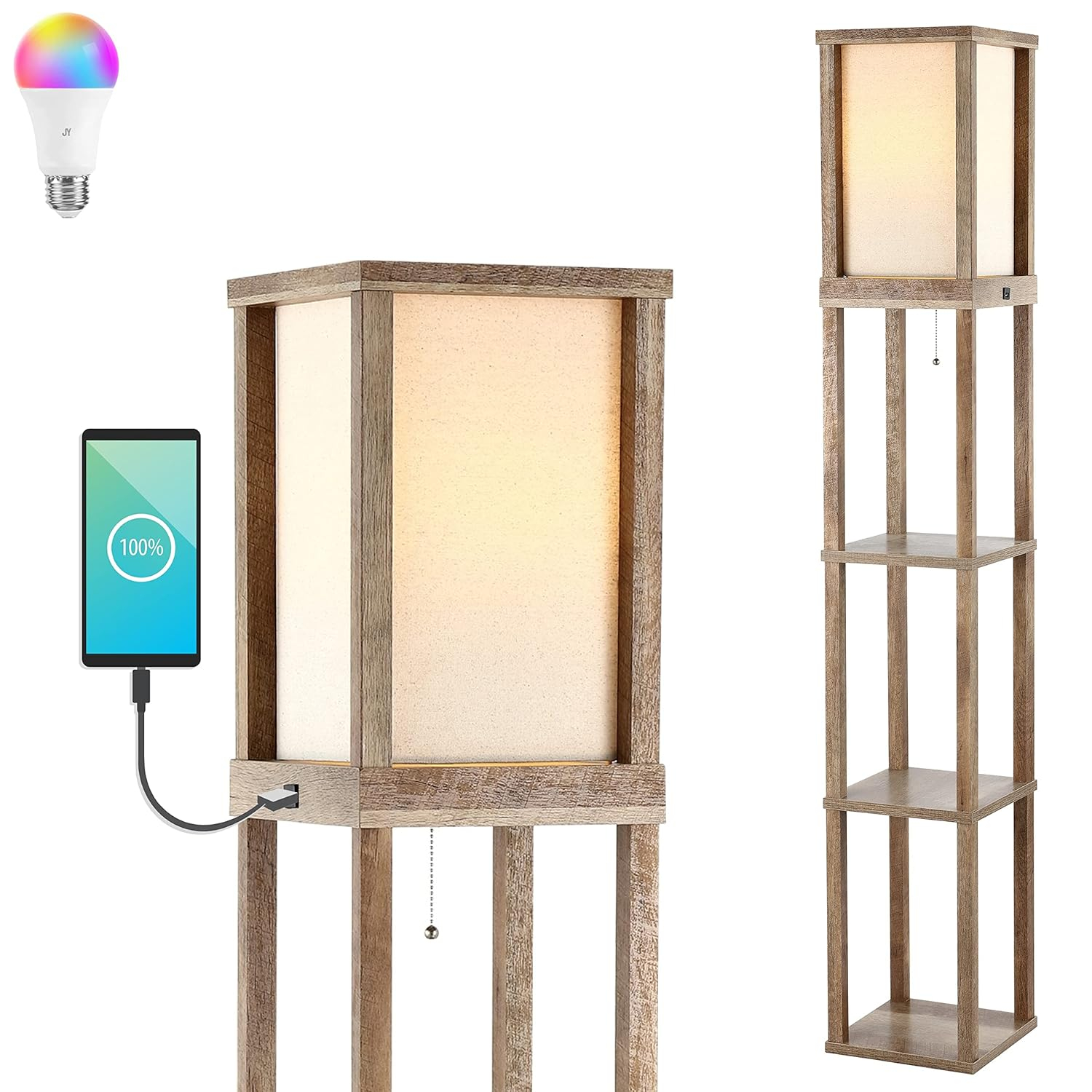 Etagere 63.5" Rustic Bohemian Wooden LED 3-Shelf Floor Lamp with Pull-Chain, USB Charging Port and Smart Bulb, Brown