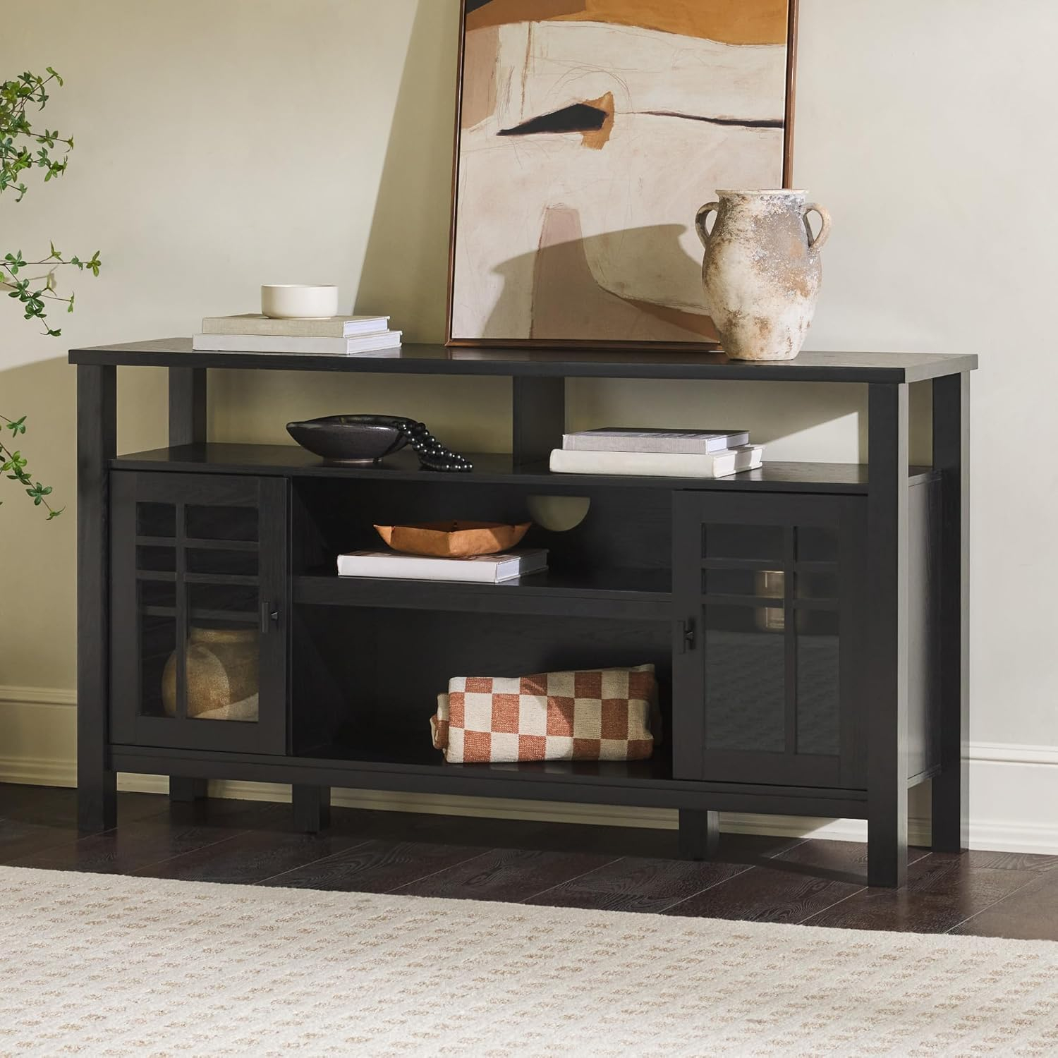 Walker Edison Transitional Wood Glass Door Storage Sideboard 58" - Black