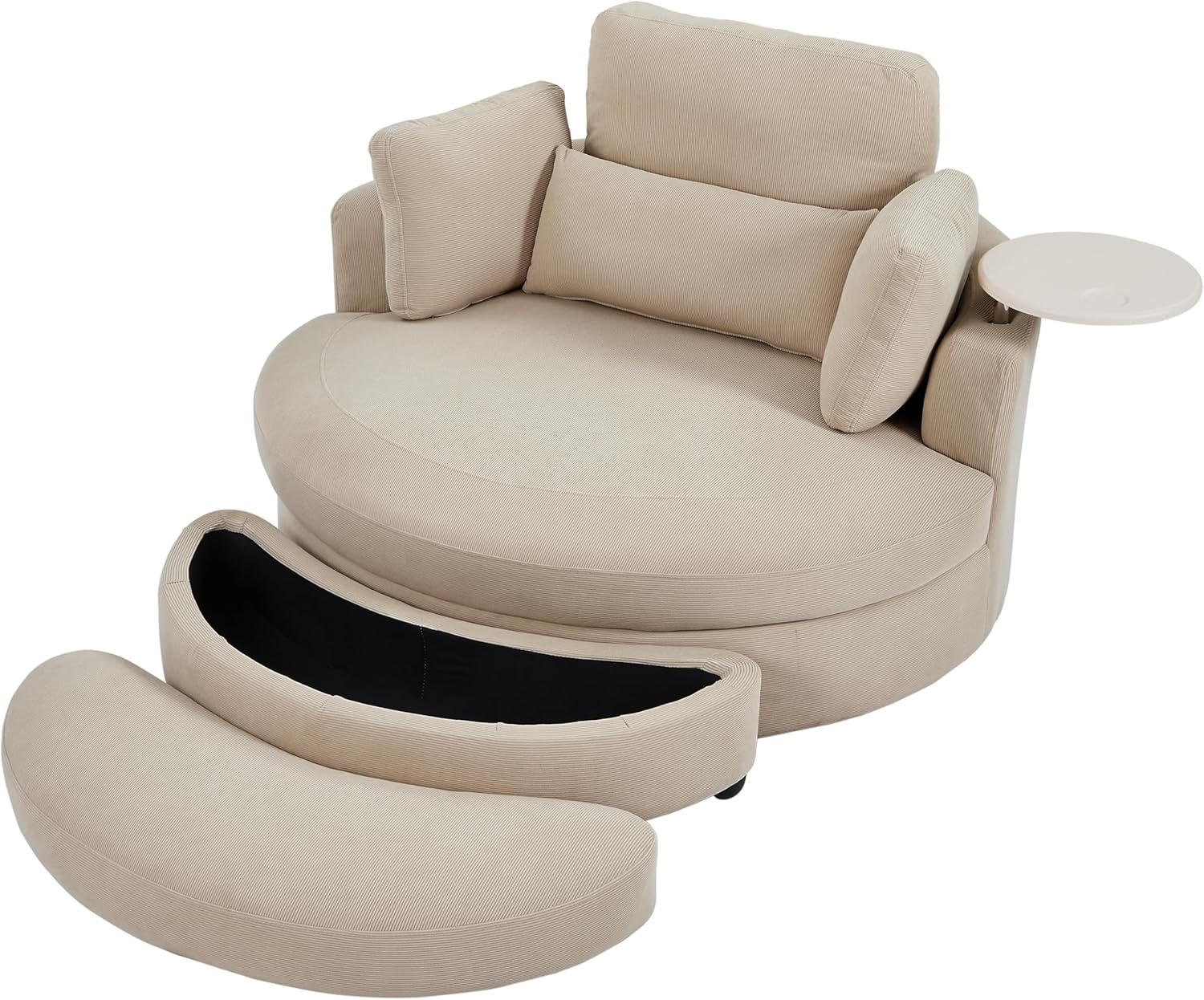 DEINPPA Swivel Round Barrel Chair with Storage Ottoman and 4 Movable Pillow Backrest, 360° Round Rotating Sofa Chair for Living Room, Hotel, Bedroom, Office, Lounge (Green + Chenille+ Foam)