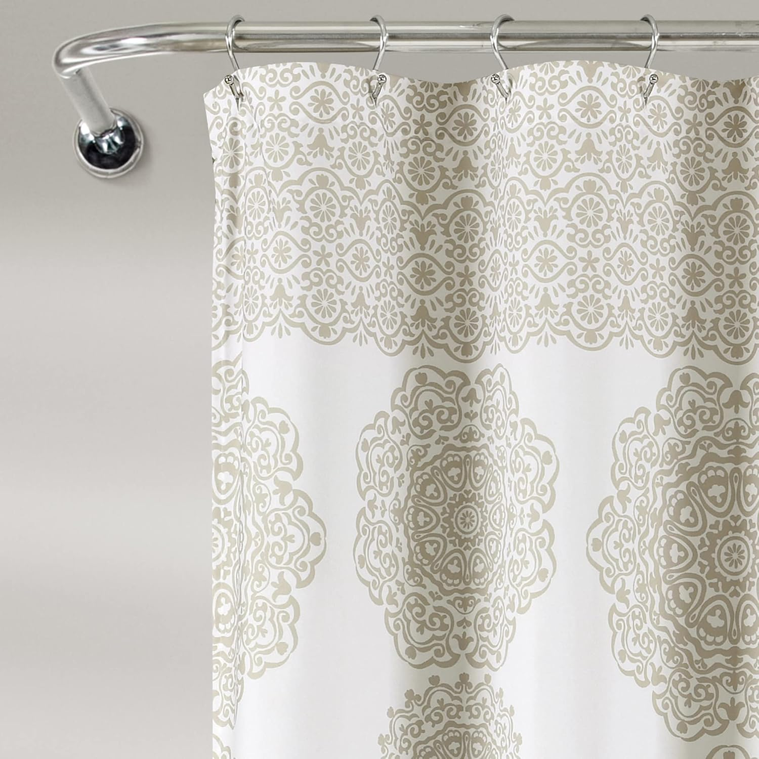 Lush Decor Stripe Medallion Shower Curtain-Fabric Mandala Bohemian Damask Print Design, 72" x 72", Neutral