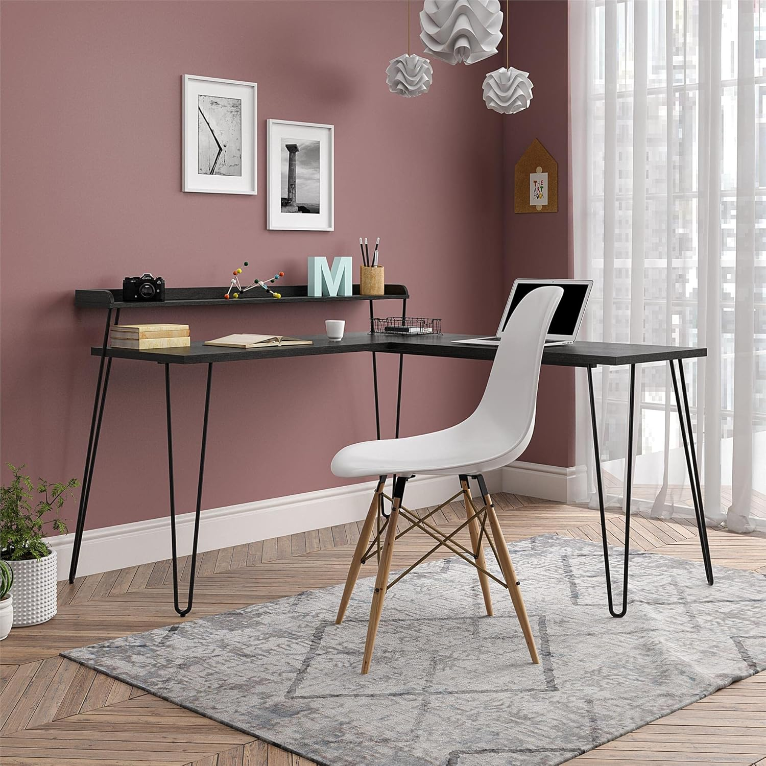 Shanewood 55.1 in. L-Shape Black Oak Computer Desk with Riser