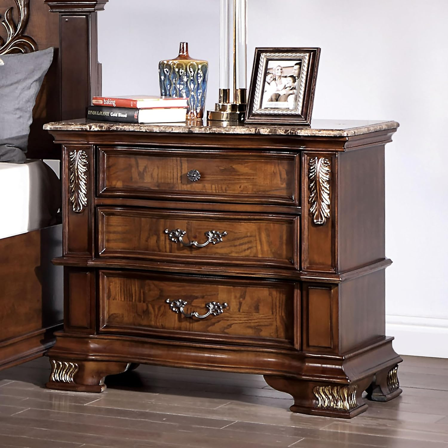 Florence Brown Cherry 3-Drawer Nightstand with Genuine Marble Top