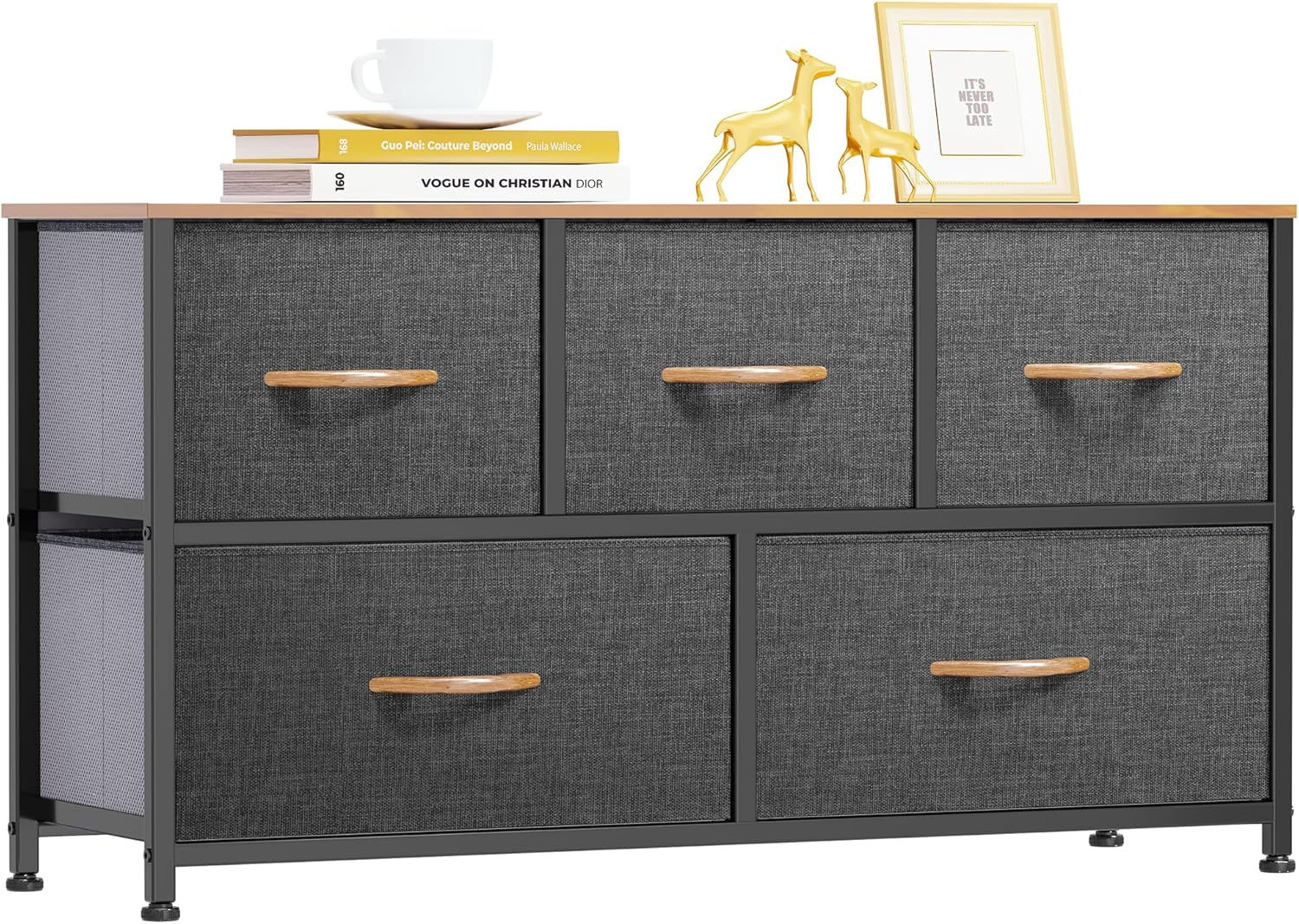 Cool Gray Fabric and Metal Nursery Dresser with Wooden Top