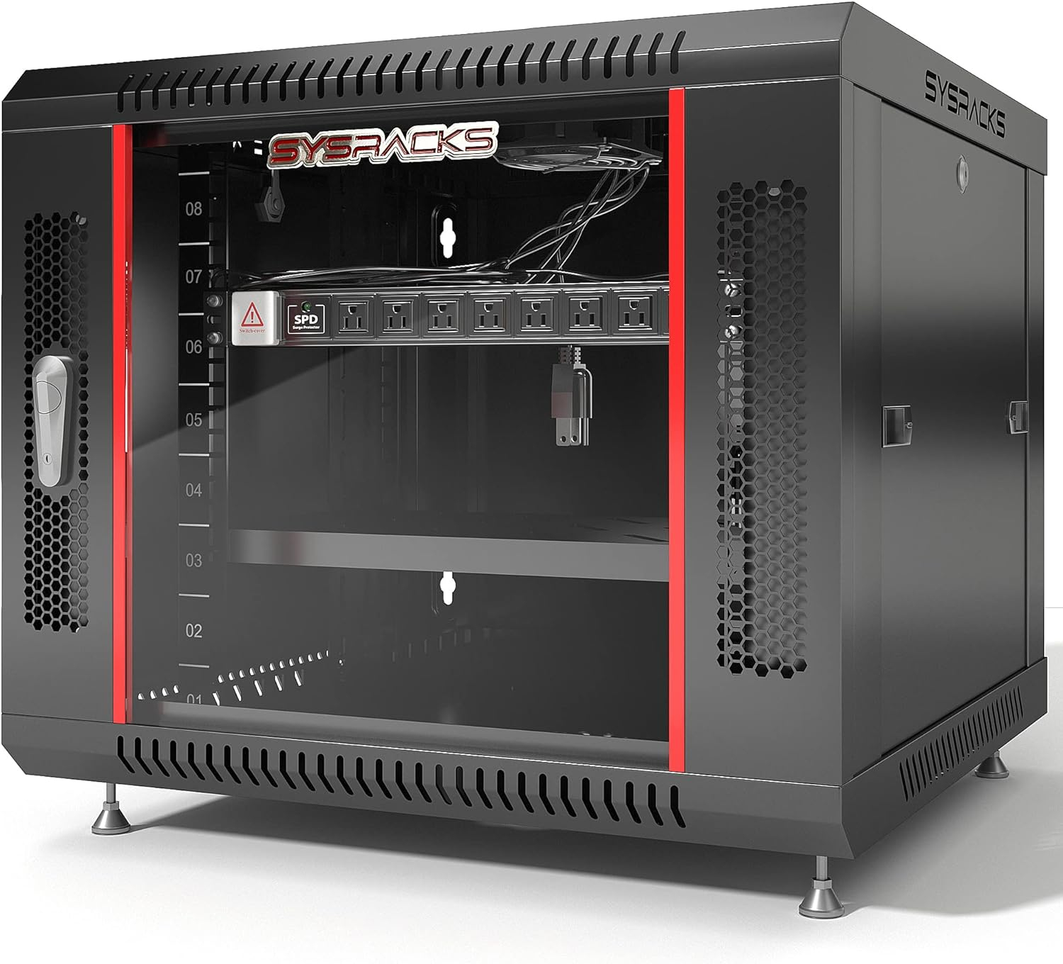 Server Rack - 9U - Server Cabinet - for - Network - Electronics - AV Rack - Equipment - Wall Mount Rack - on Feet with Locking Doors 8-Way Power Strip Shelf Fan - 24-inch Deep Sysracks (Black)