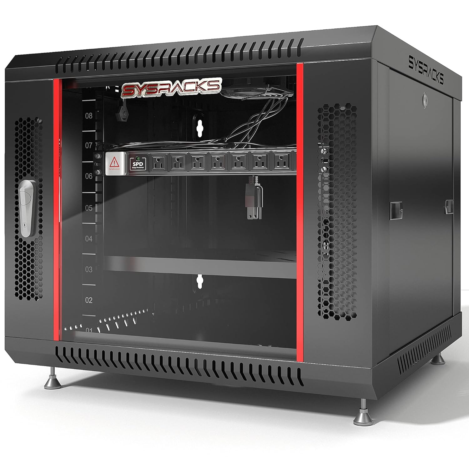 Server Rack - 9U - Server Cabinet - for - Network - Electronics - AV Rack - Equipment - Wall Mount Rack - on Feet with Locking Doors 8-Way Power Strip Shelf Fan - 24-inch Deep Sysracks (Black)