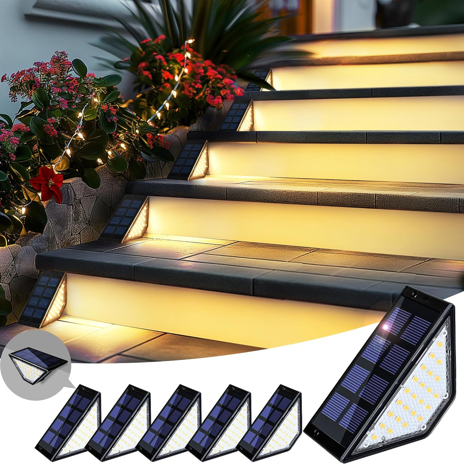 Solar Step Lights for Outside,24 LEDs Solar Stair Lights Waterproof IP65,Solar Deck Lights Outdoor for Yard, Porch, Front Door, Stair, Step, Patio, Deck(6 Pack, Warm White)
