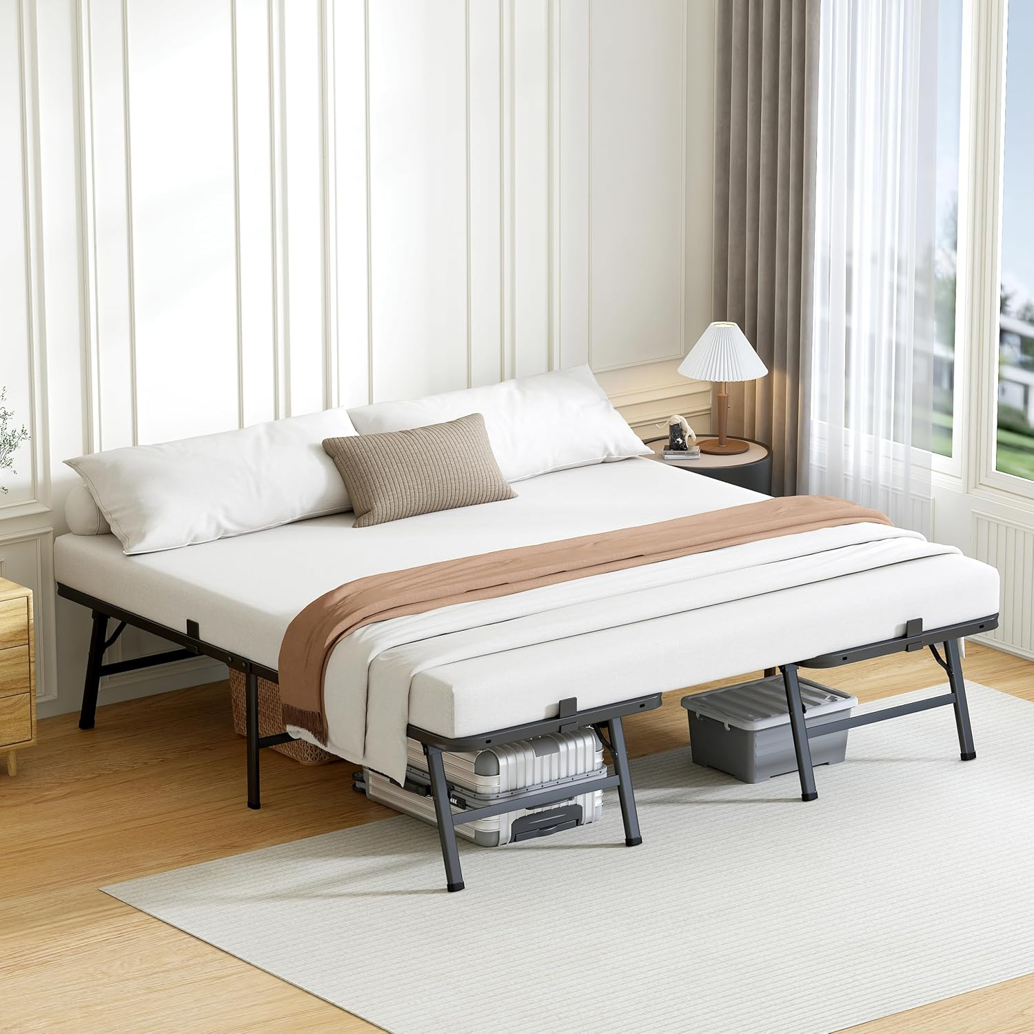 Amazon Basics Bed Frame with Storage, Foldable Metal Platform, Sturdy Steel, No Box Spring Needed, 18 Inches High, Tool-Free Setup, King Size, Black