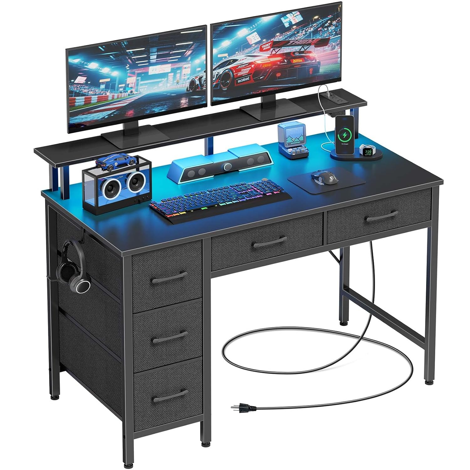 Computer Desk with Power Outlets & LED Light, 39 inch Home Office Desk with 5 Drawers, Writing Desk with Monitor Stand,Work Desk for Home Office, Black